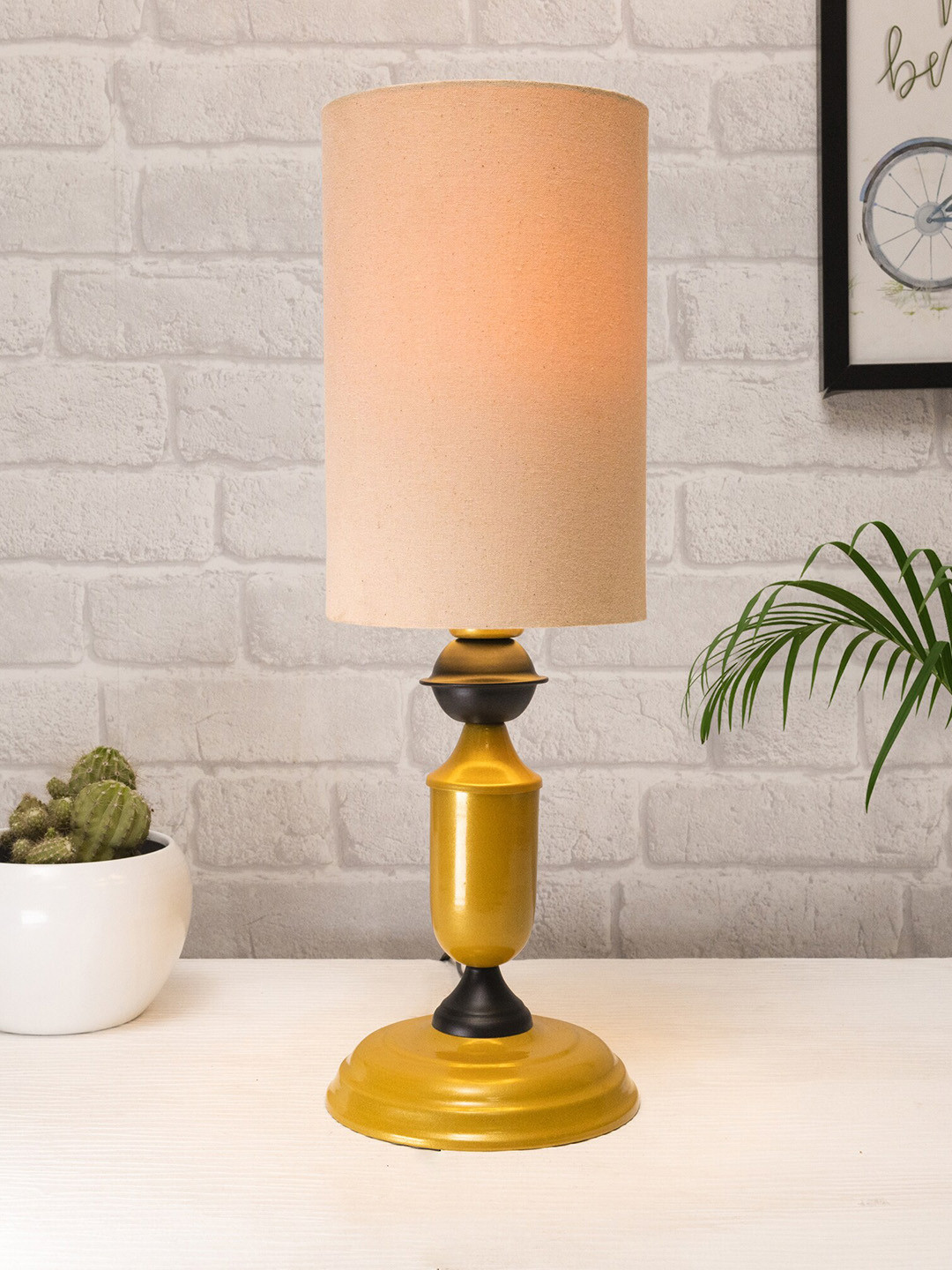Homesake White & Gold Toned Solid Metal Cylinder Shape Table Lamp