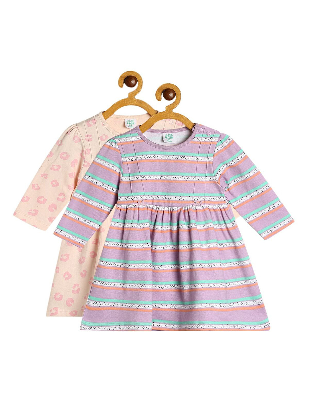 MINI KLUB Girls Pack Of 2 Peach-Coloured & Purple Striped Organic Cotton A-Line Dress