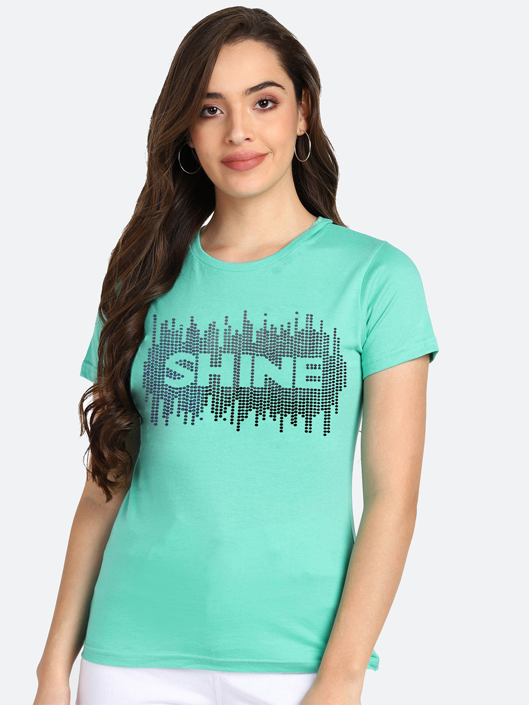 shashvi Women Sea Green Typography Printed T-shirt