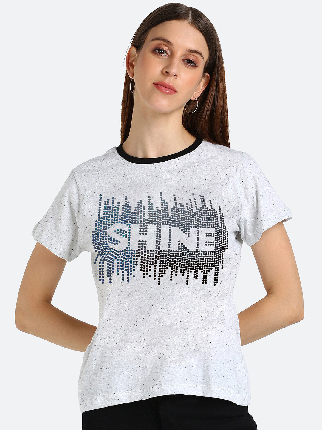 shashvi Women White Embellished Round Neck T-shirt