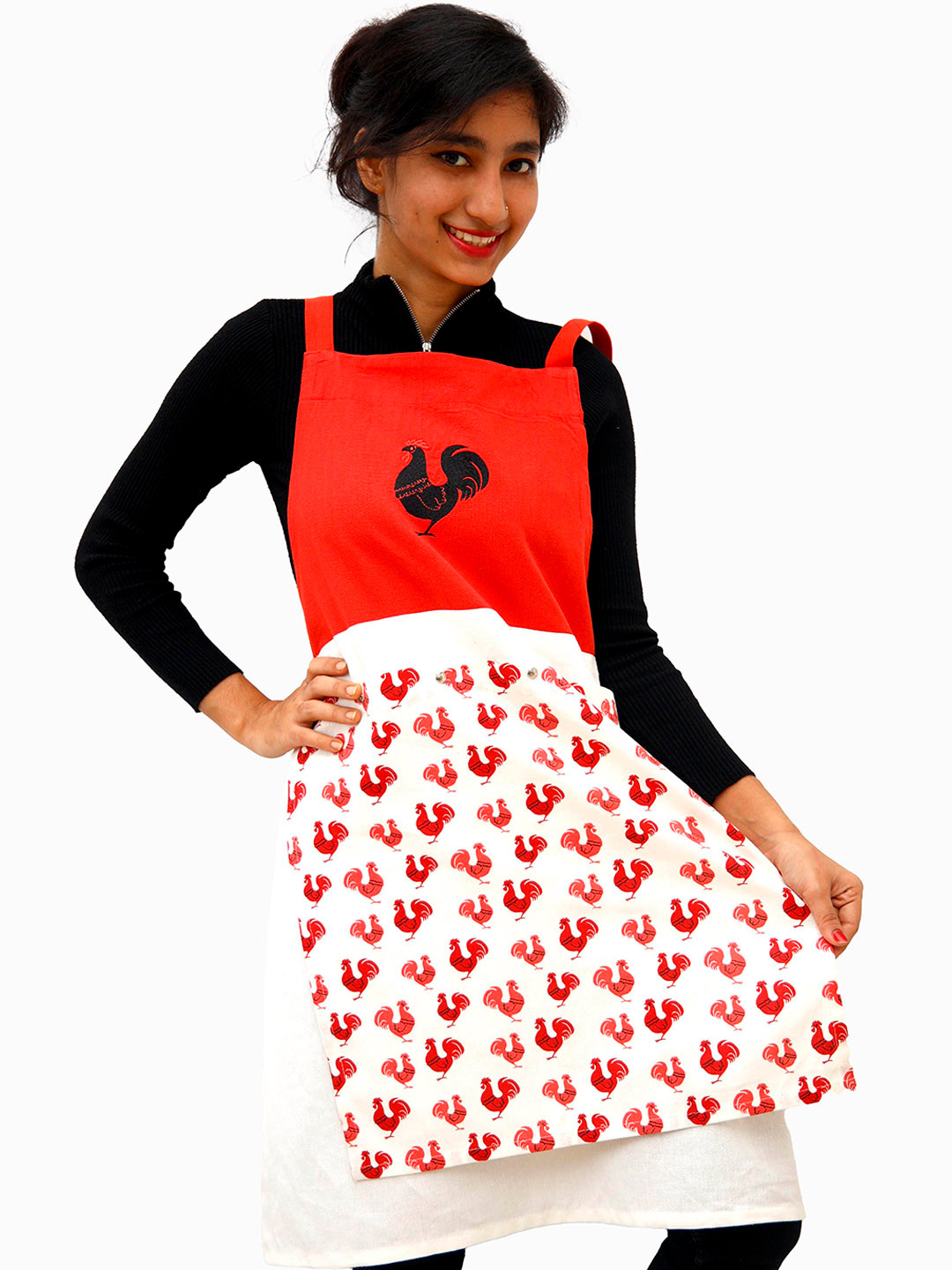 Ariana Red & White Cock Print Cotton Apron