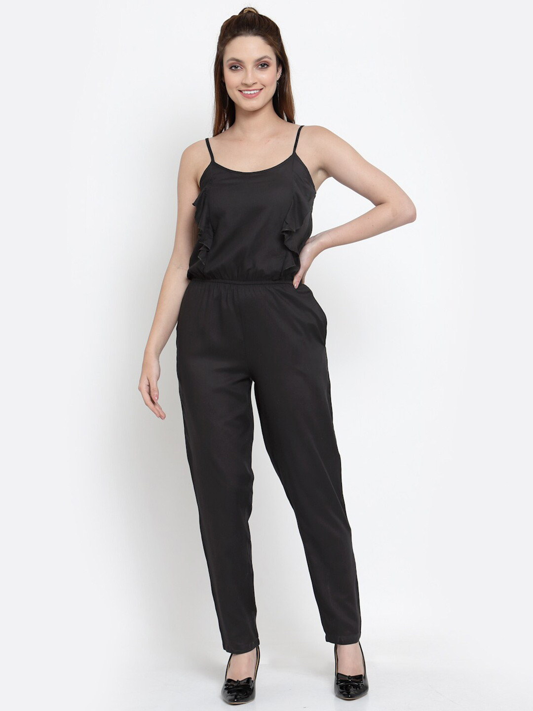 NEUDIS Women Black Basic with Ruffles Jumpsuit