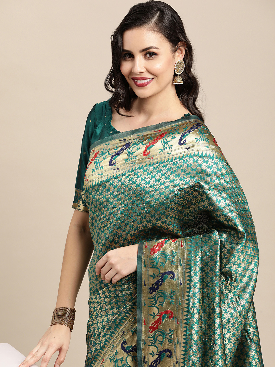 Saree mall Teal & Red Woven Design Zari Silk Blend Paithani Sarees