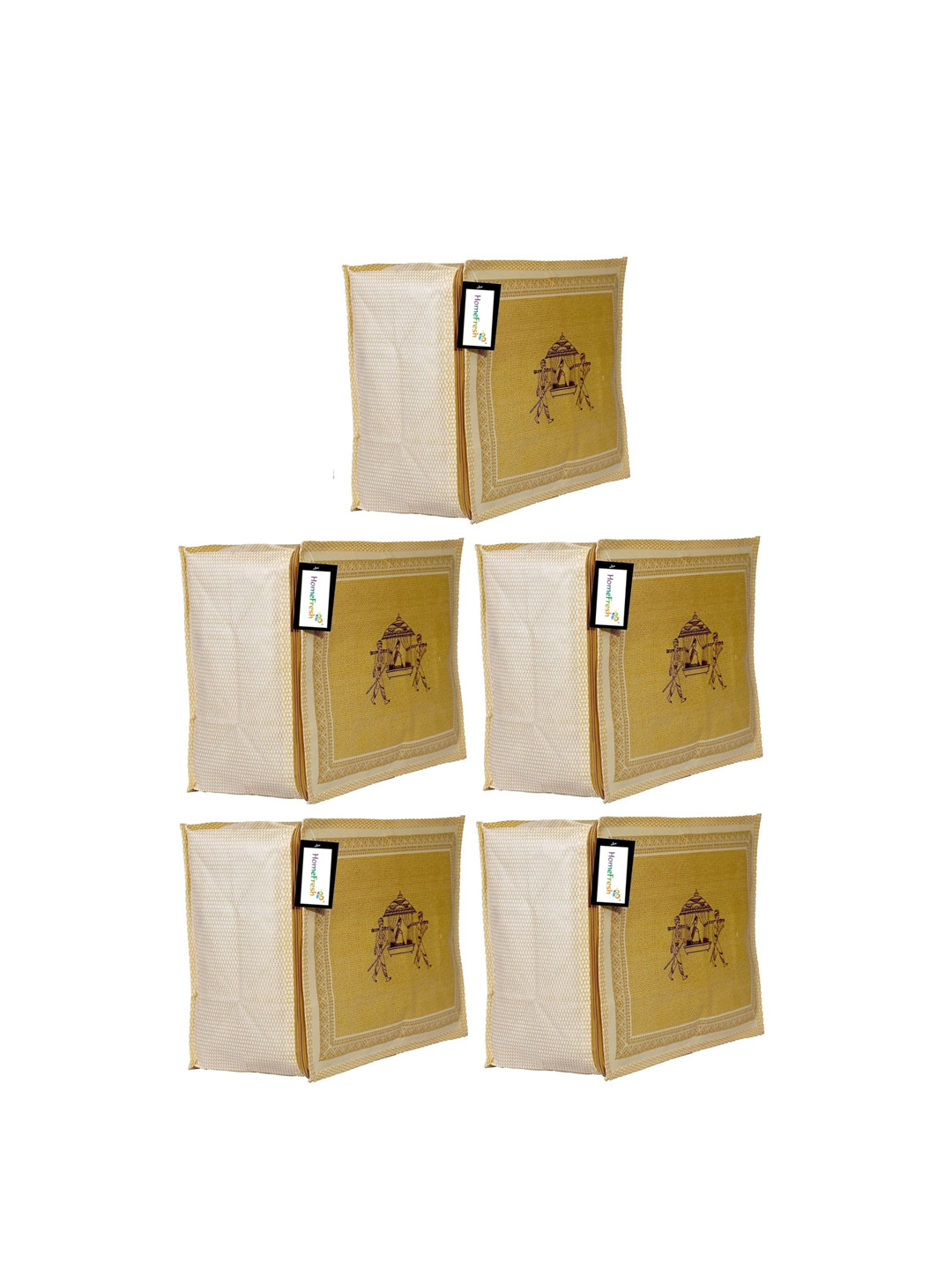 Home Fresh Set Of 5 Gold Colored Printed Jute Wardrobe Organisers