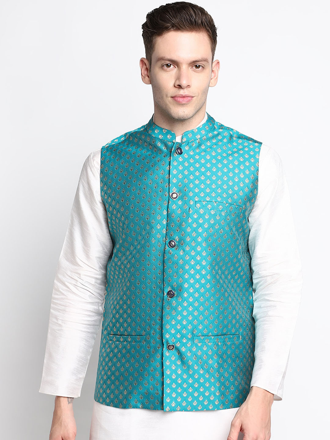 DEVOILER Men White Kurta with Pyjama & With Printed Nehru Jacket