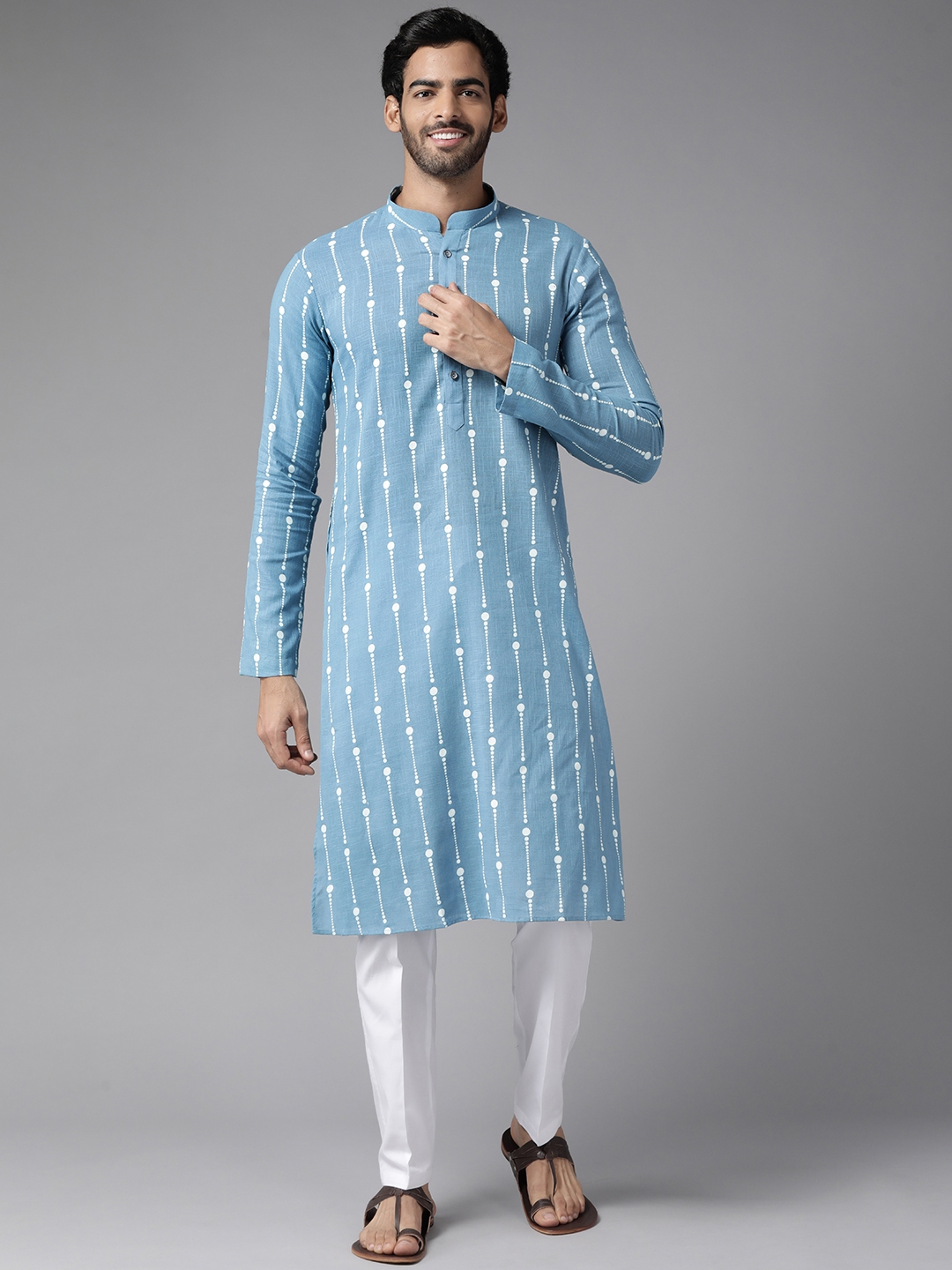 Navy Blue and Off-White Cotton Kurta Pajama Set with Embriodered and  Sequence Work.