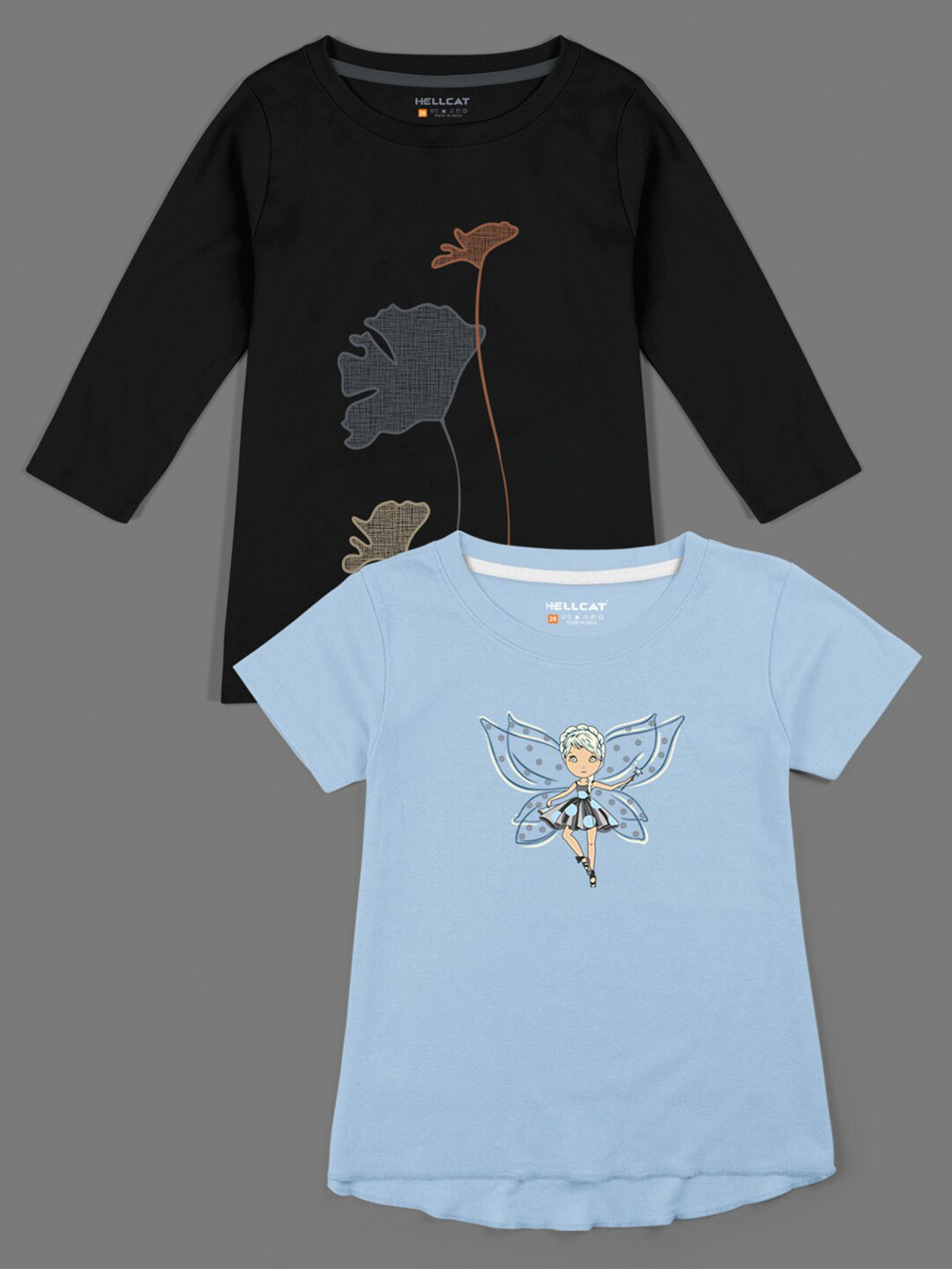 HELLCAT Girls Black & Blue Set Of 2 Printed Cotton T-shirt