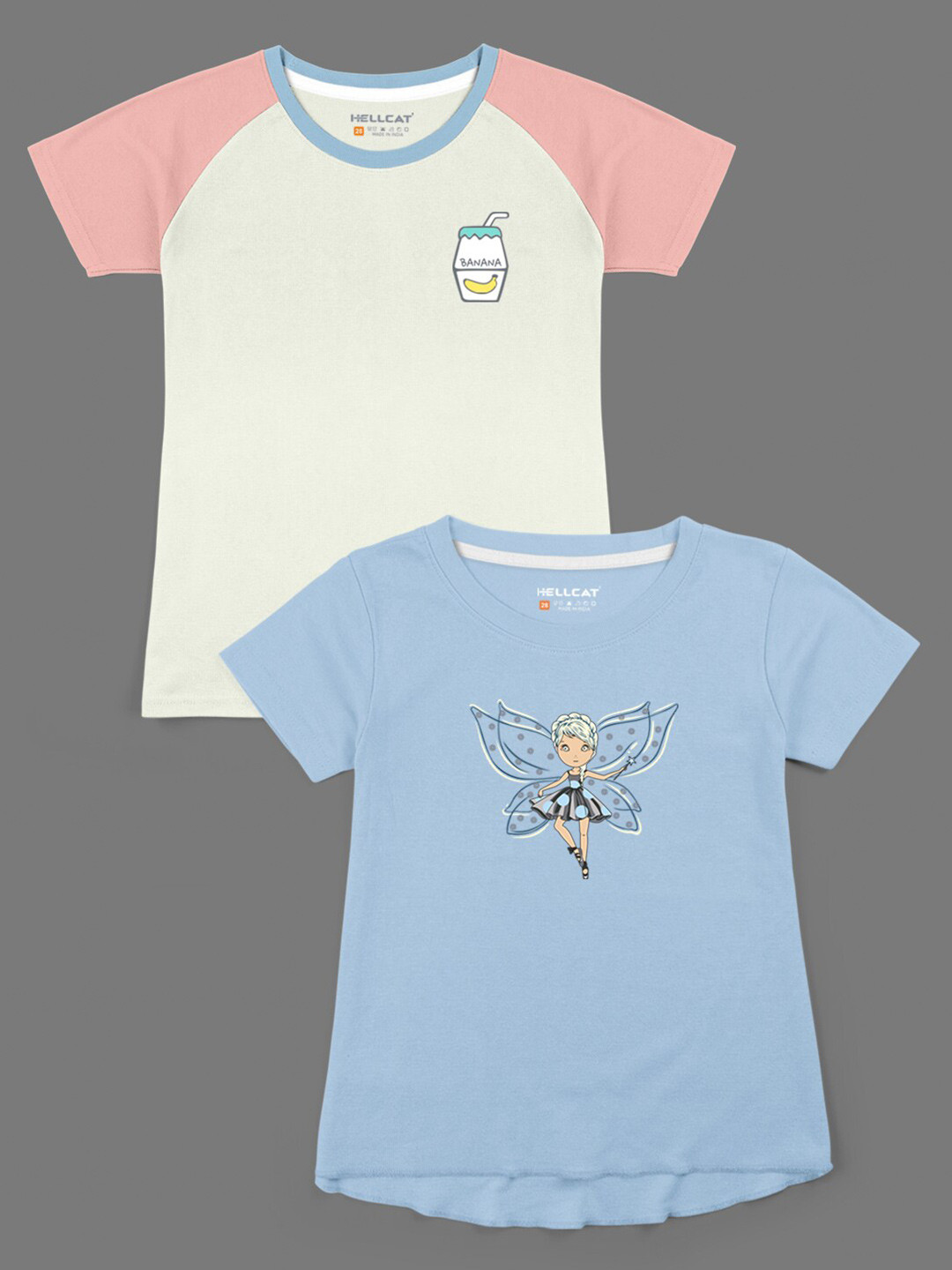 HELLCAT Girls Pink Pack of 2 Printed Bio Finish Applique T-shirt