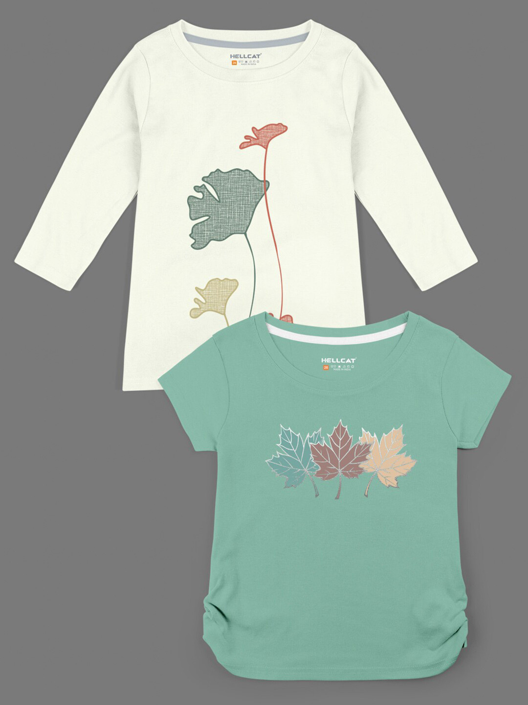 HELLCAT Girls Off White & Green Pack of 2 Printed Bio Finish T-shirt