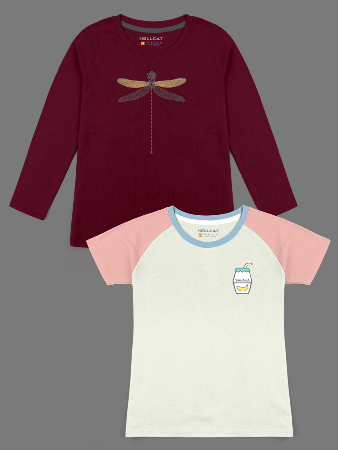 HELLCAT Girls Pink & Maroon Set Of 2 Bio Finish T-shirt