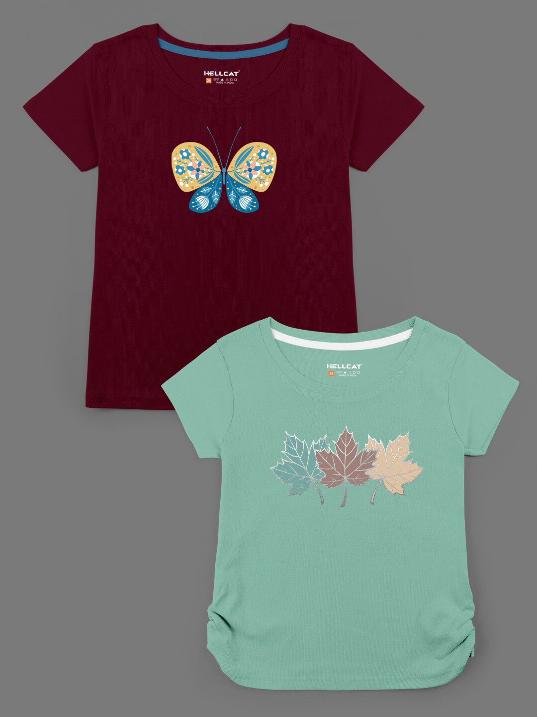 HELLCAT Pack Of 2 Girls Maroon And Green Typography Printed Bio Finish T-shirt