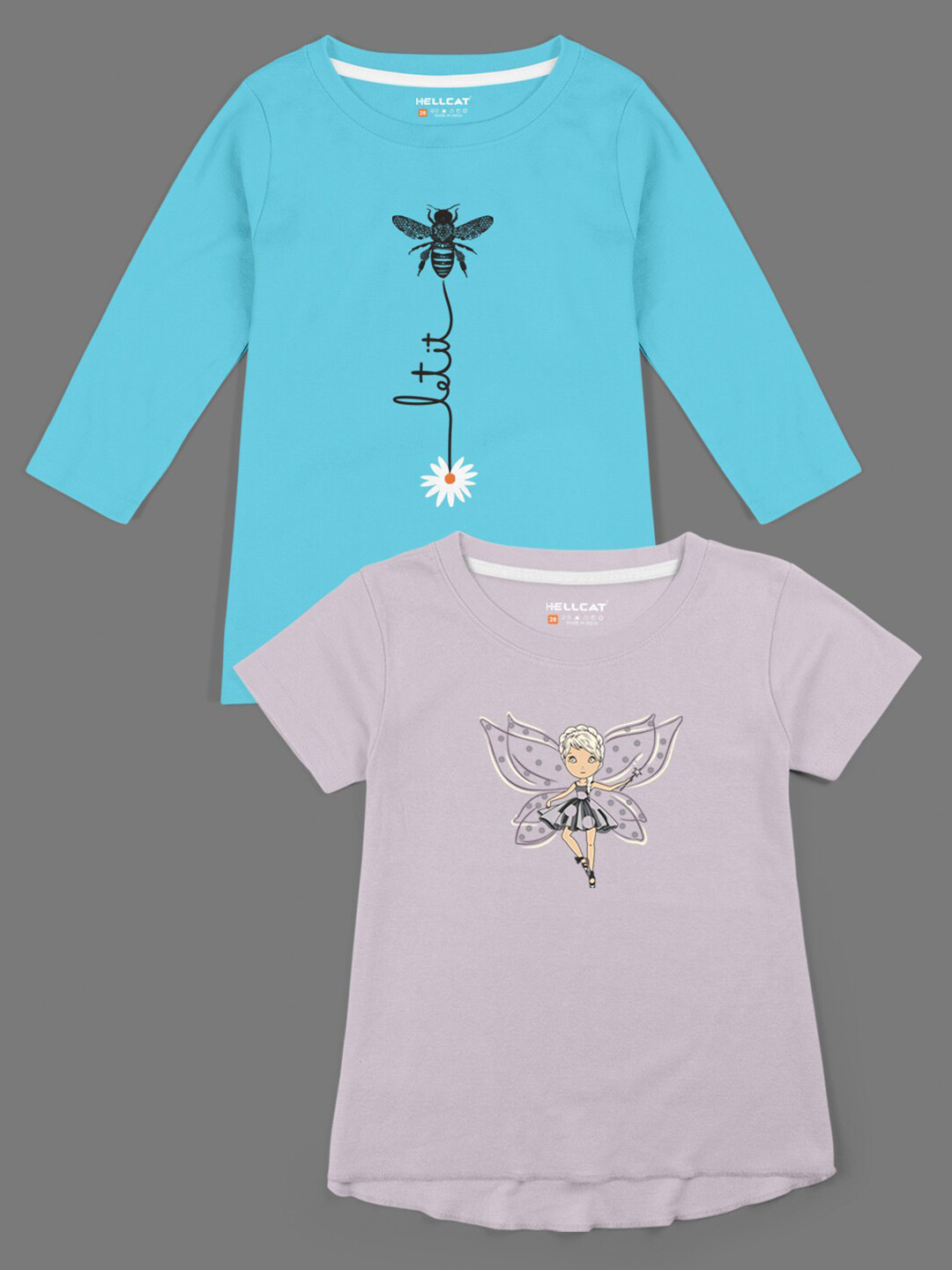 HELLCAT Pack of 2 Girls Lavender & Blue Printed Cotton Bio Finish T-shirt