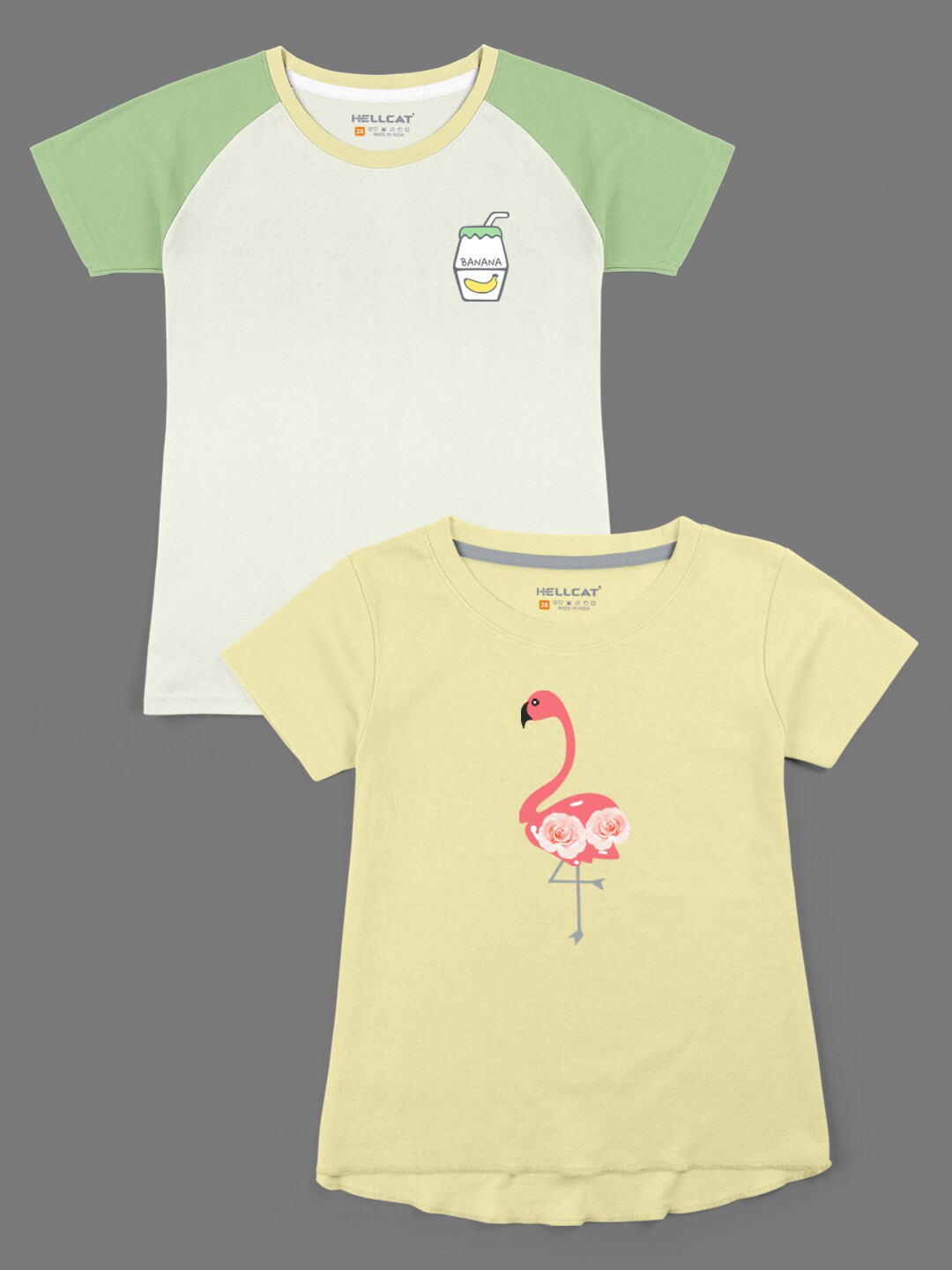 HELLCAT Girls Yellow & Cream-Coloured Pack Of 2 Printed Bio Finish Cotton T-shirt