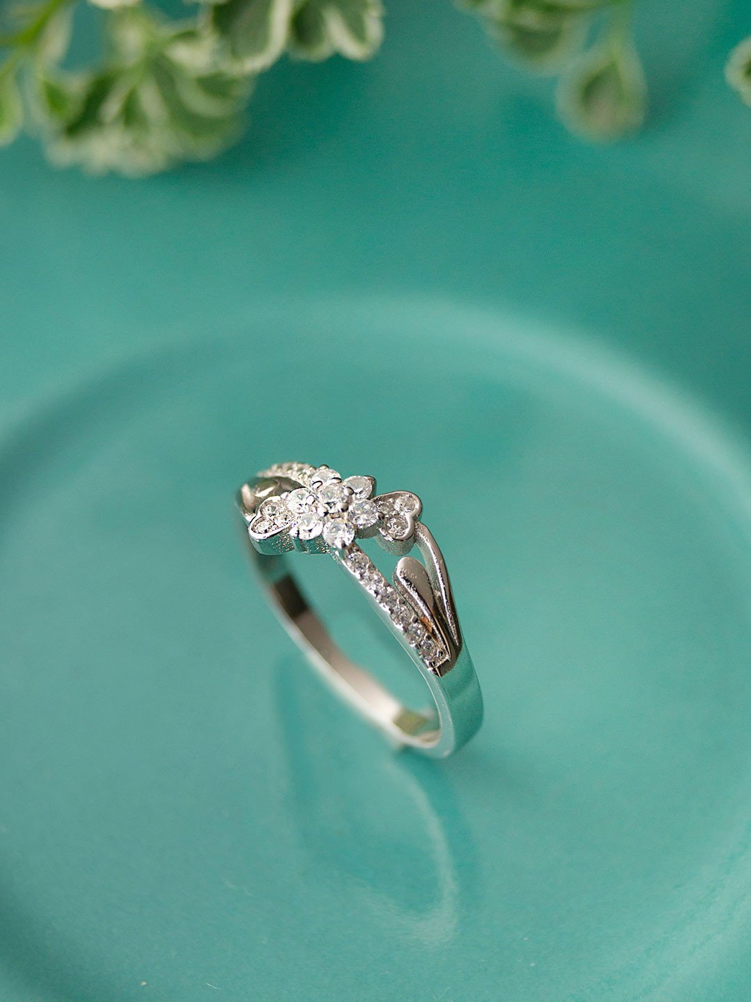 MANNASH Rhodium-Plated 925 Sterling Silver CZ Studded Finger Ring