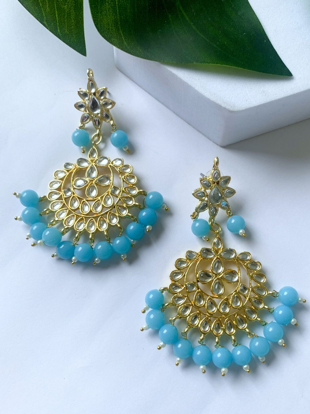 I Jewels Turquoise Blue Gold Plated Kundan & Faux Pearl Studded Chandbali Earrings