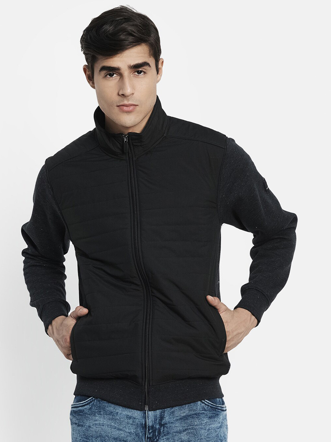 Octave Men Grey Mock Neck Front Open Sweatshirt