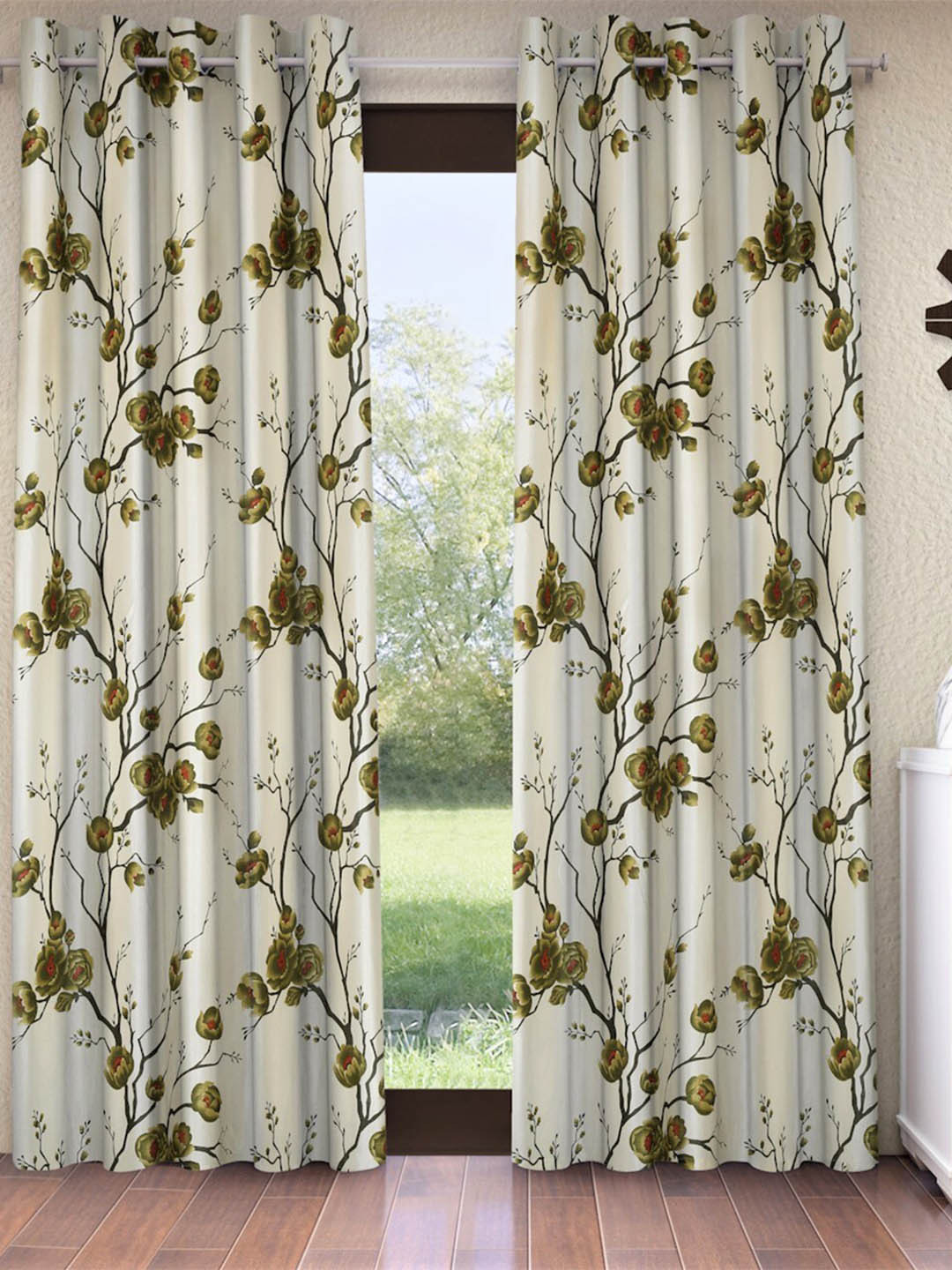 Fashion String Green & Off White Set Of 2 Floral Long Door Curtain