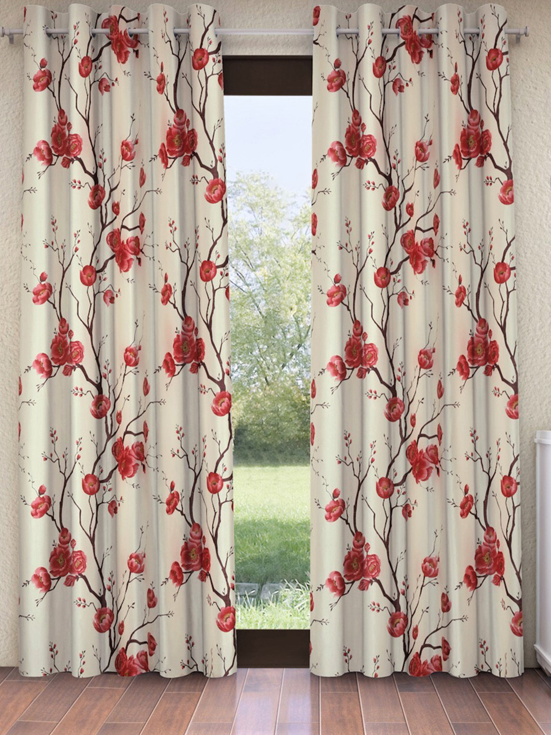 Fashion String Red & Off White Set of 2 Floral Window Curtain