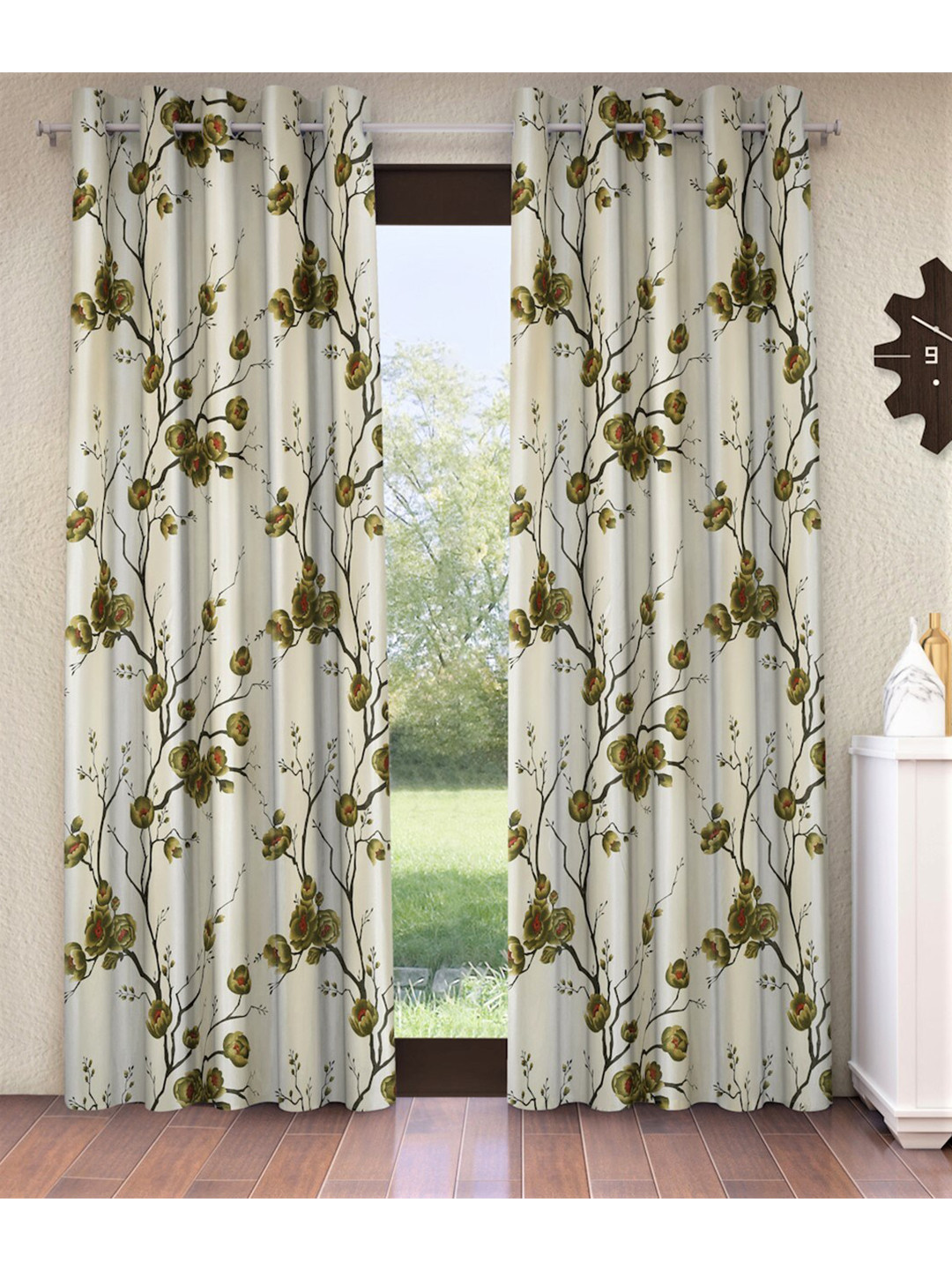 Fashion String Green & Off White Set of 2 Floral Window Curtains