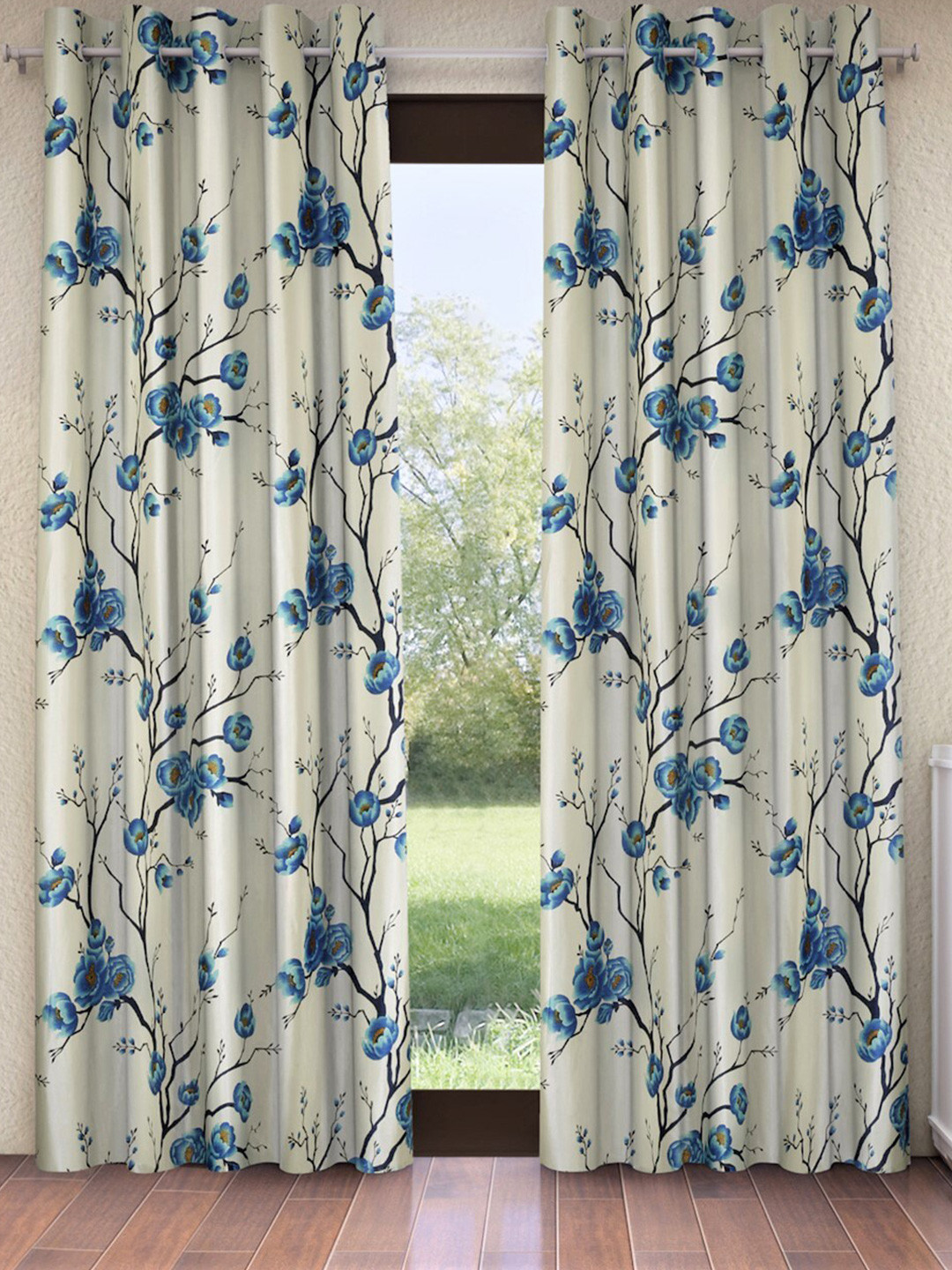Fashion String Blue & Off White Set of 2 Floral Long Door Curtains