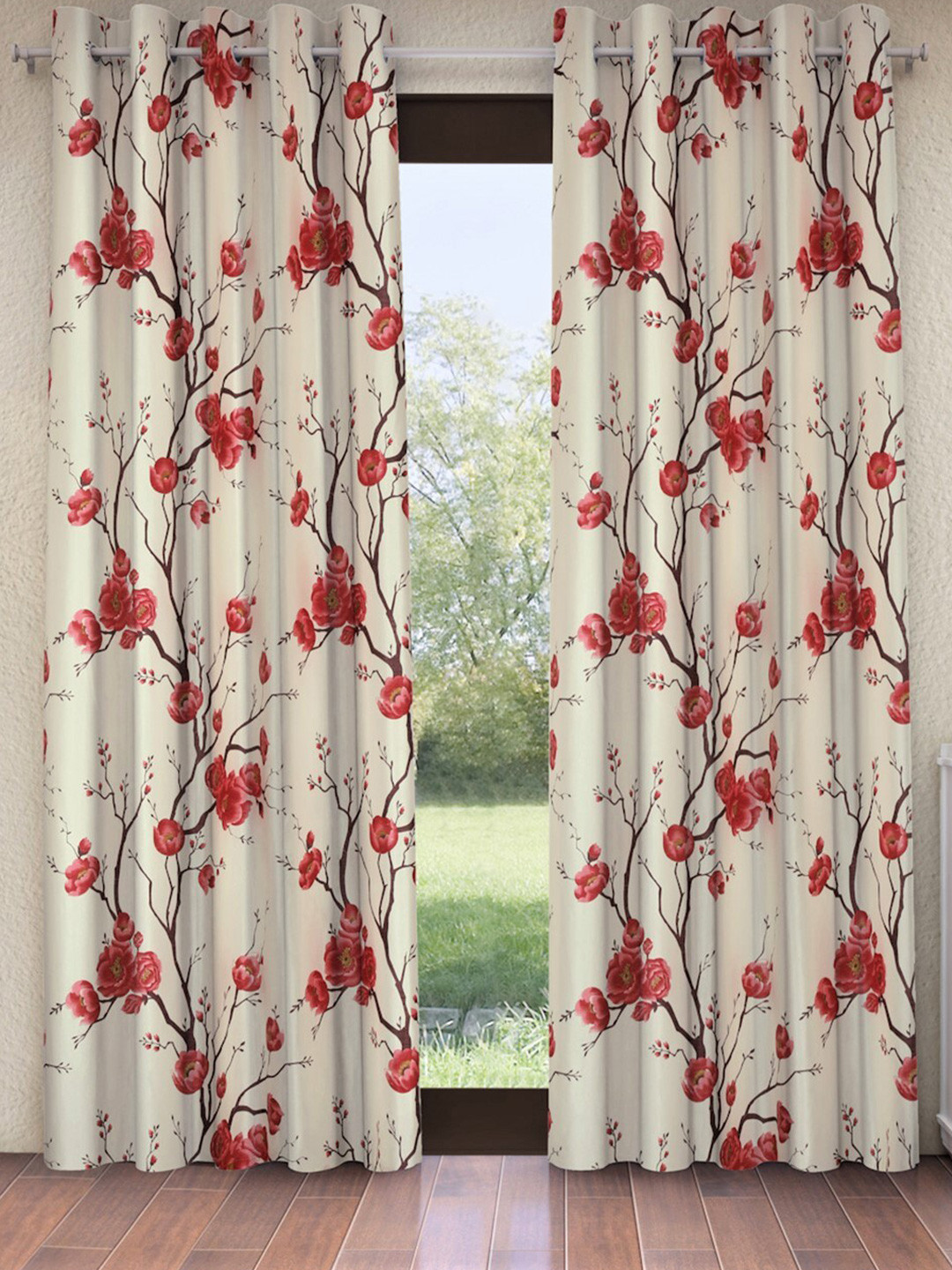 Fashion String Red & Peach-Coloured Set of 2 Floral Long Door Curtains