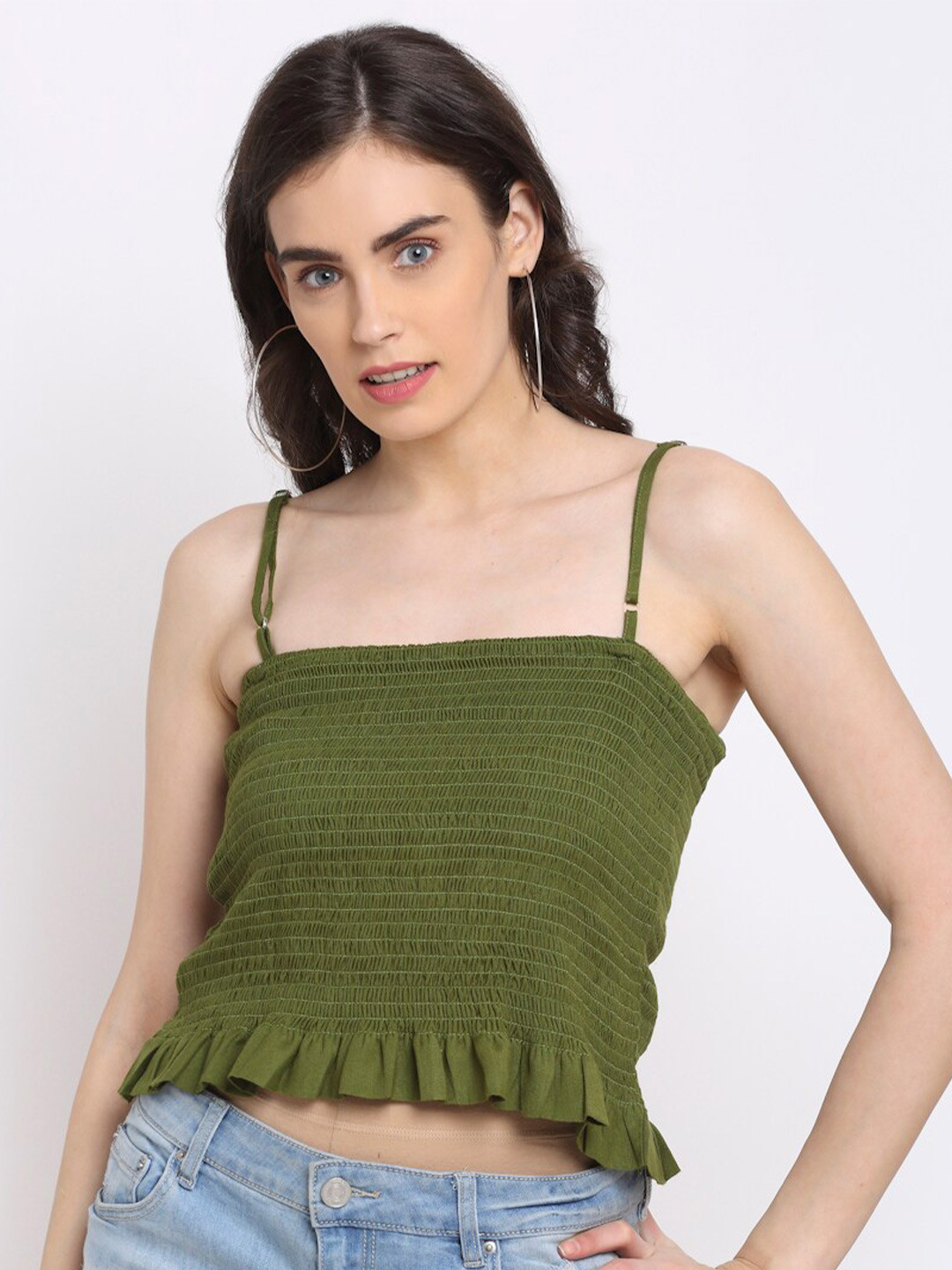 NEUDIS Women Olive Green Smocked Crop Top
