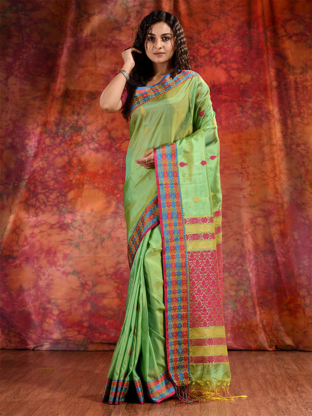 Charukriti Lime Green & Red Woven Design Silk Blend Tussar Saree