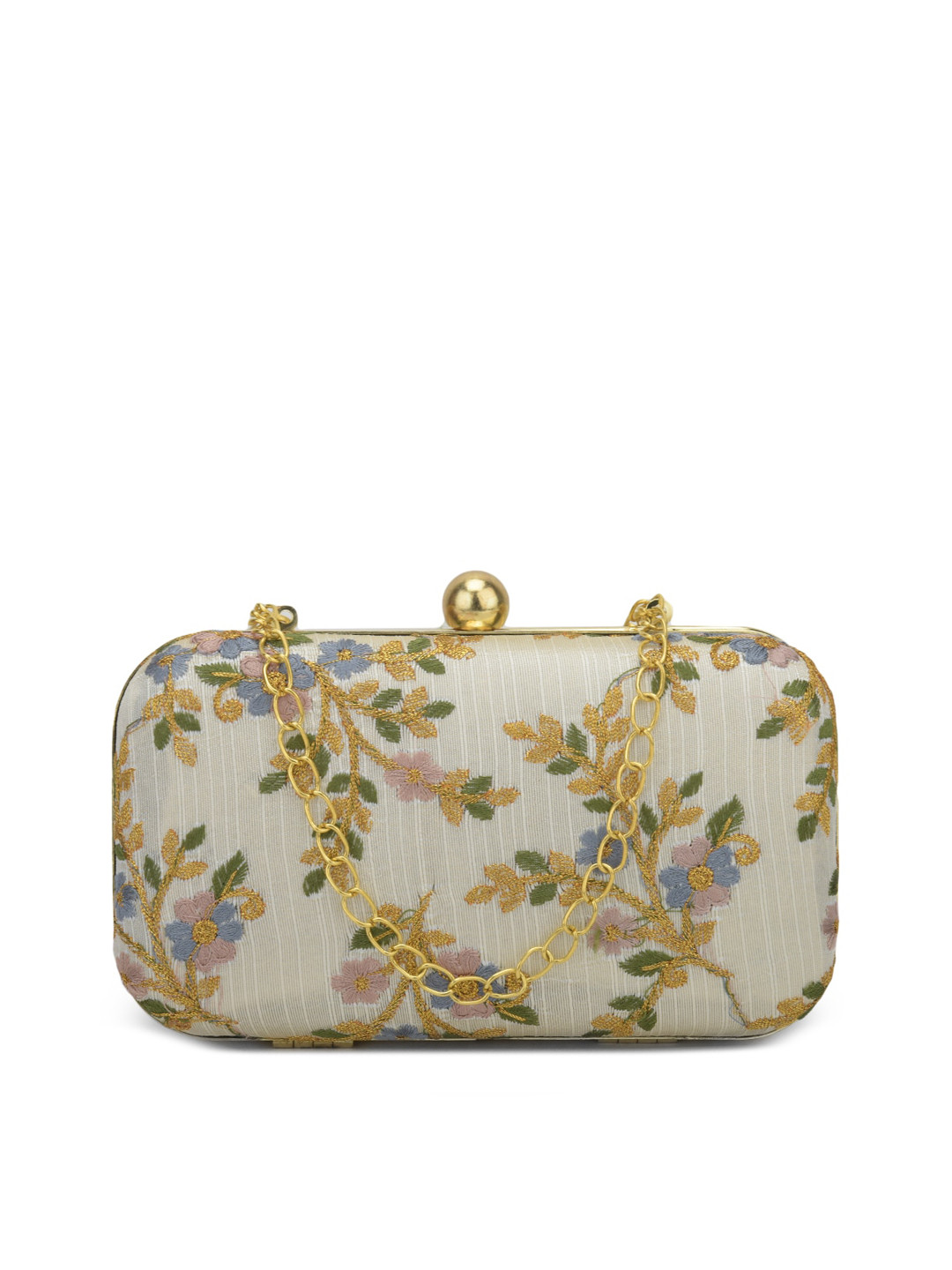 gaura pakhi Women White & Gold-Toned Embroidered Party Box Clutch