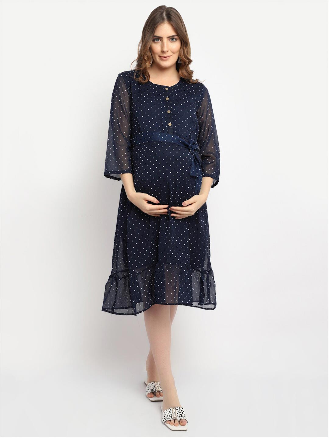 Moms Maternity Navy Blue Georgette Maternity Midi Dress
