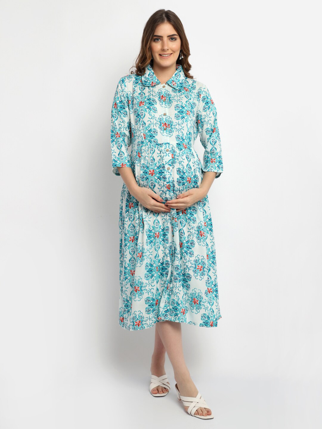 Moms Maternity Green Floral Maternity A-Line Midi Dress