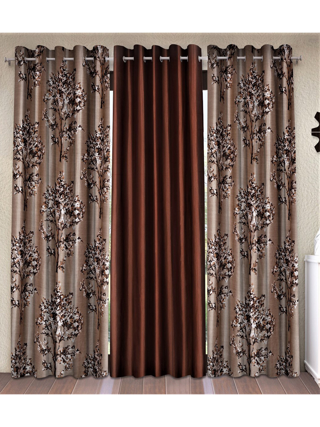 Fashion String Brown & White Set of 3 Floral Long Door Curtain