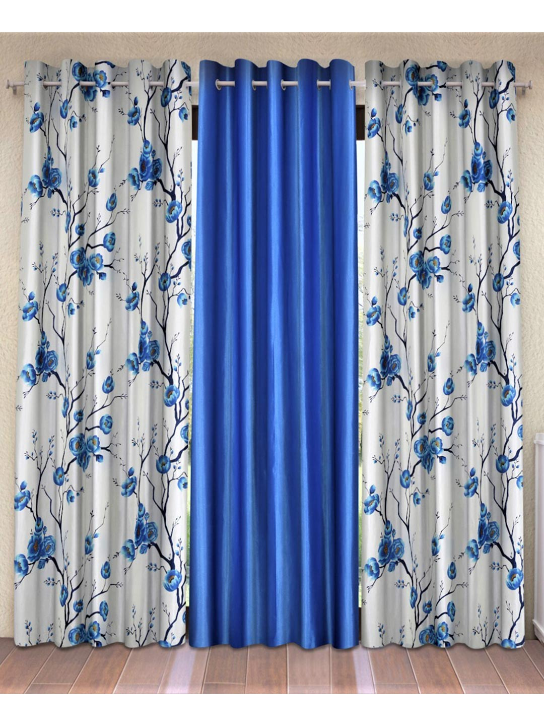 Fashion String Blue & Off White Set of 3 Floral Door Curtain