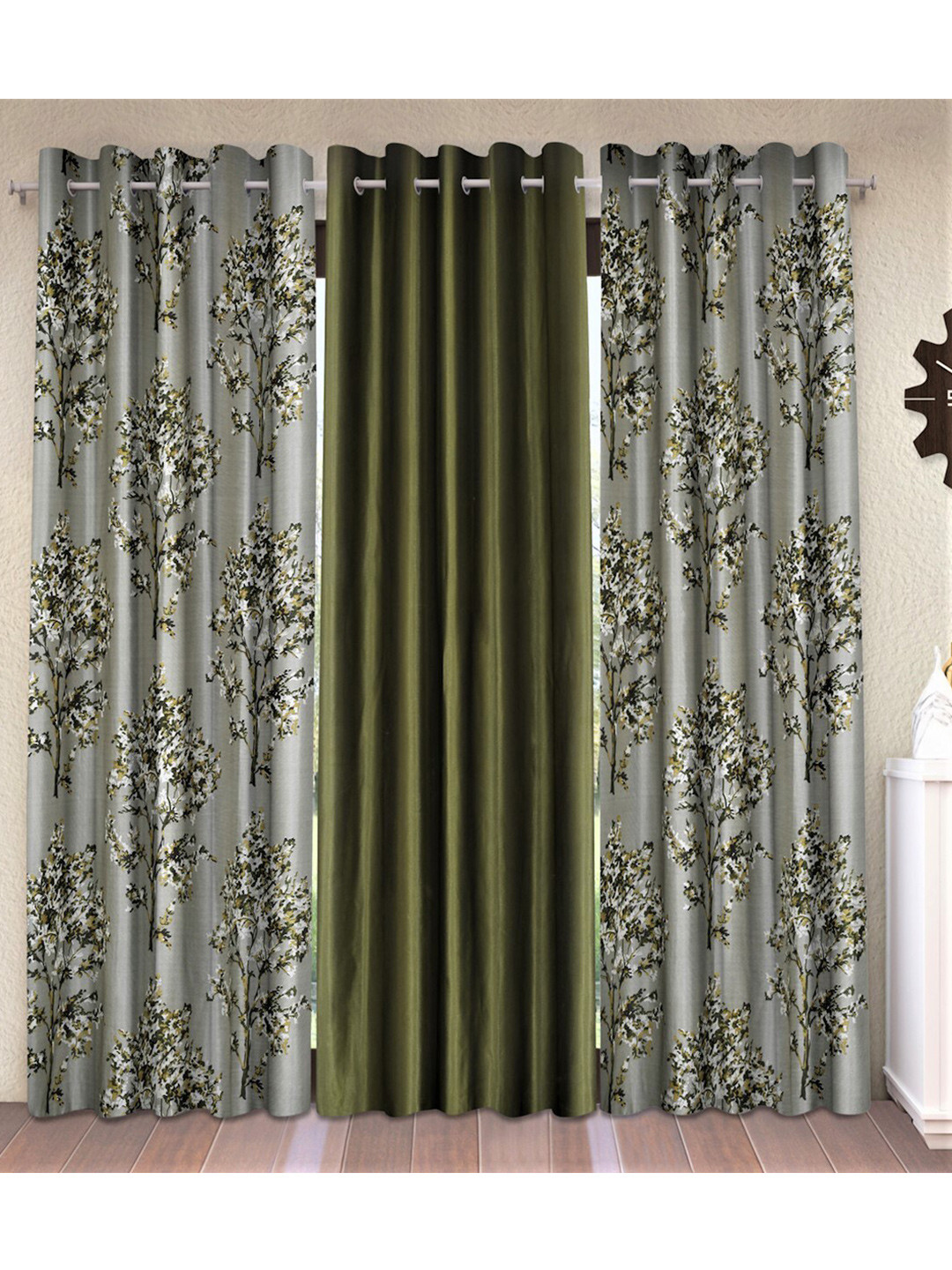 Fashion String Green & Grey Set of 3 Floral Long Door Curtain