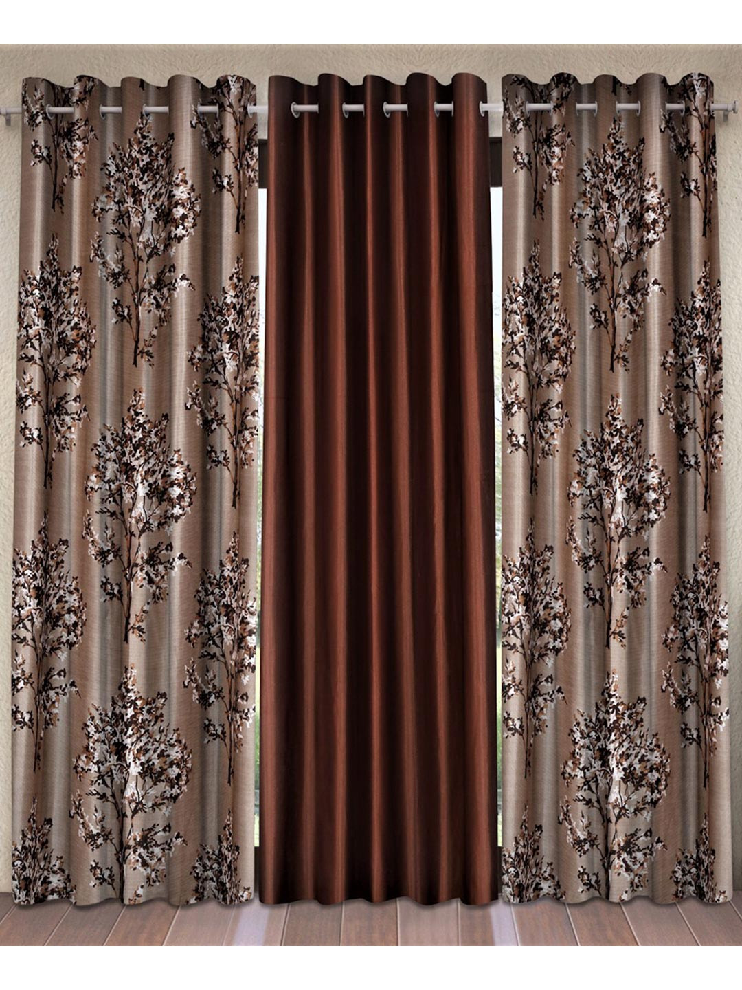 Fashion String Brown & White Set of 3 Floral Window Curtain