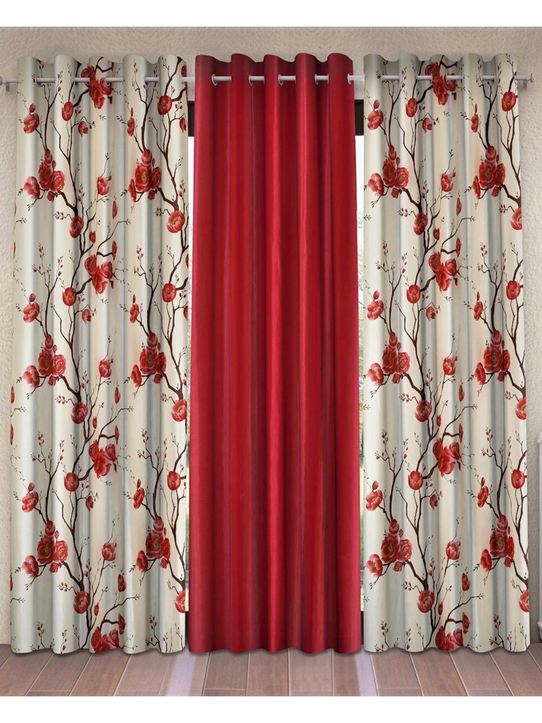 Fashion String Red & White Set of 3 Floral Long Door Curtain