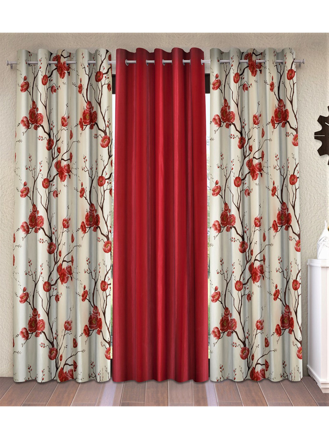 Fashion String Red & White Set of 3 Floral Window Curtain