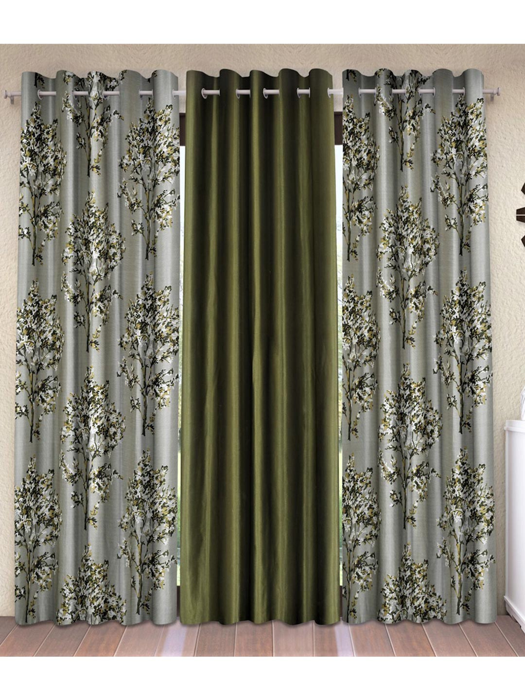 Fashion String Green & Grey Set of 3 Floral Window Curtain
