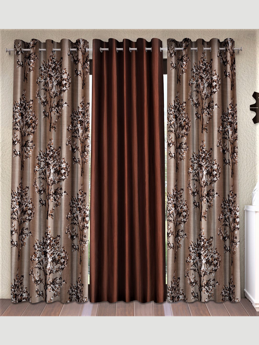 Fashion String Brown & White Set of 3 Floral Door Curtain