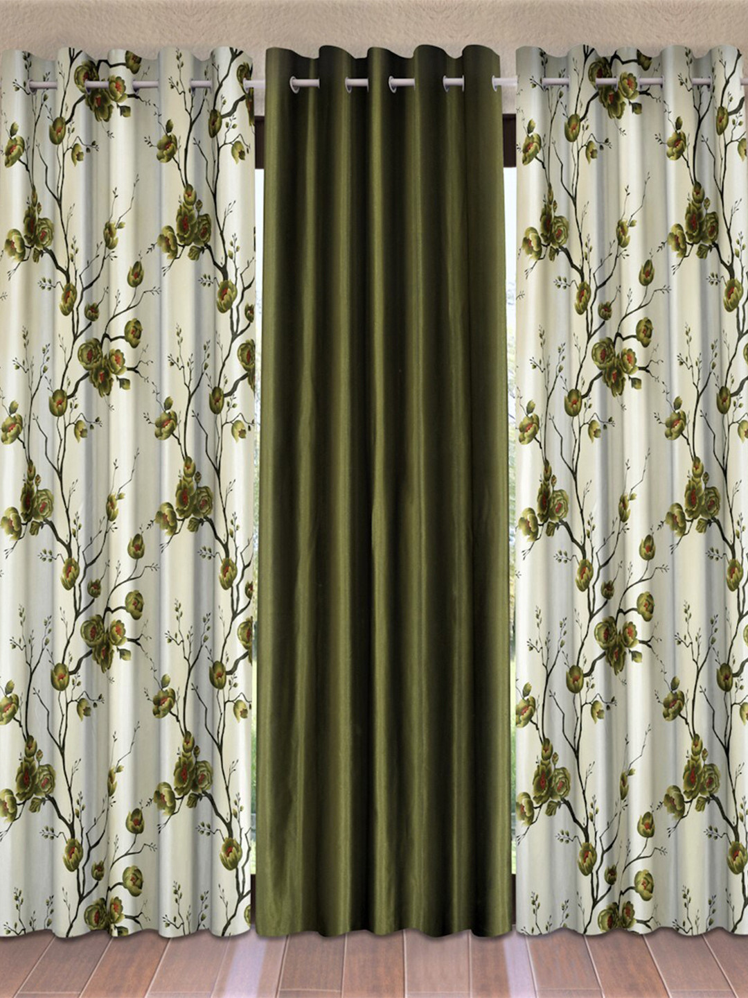 Fashion String Green & White Set of 3 Floral Long Door Curtain