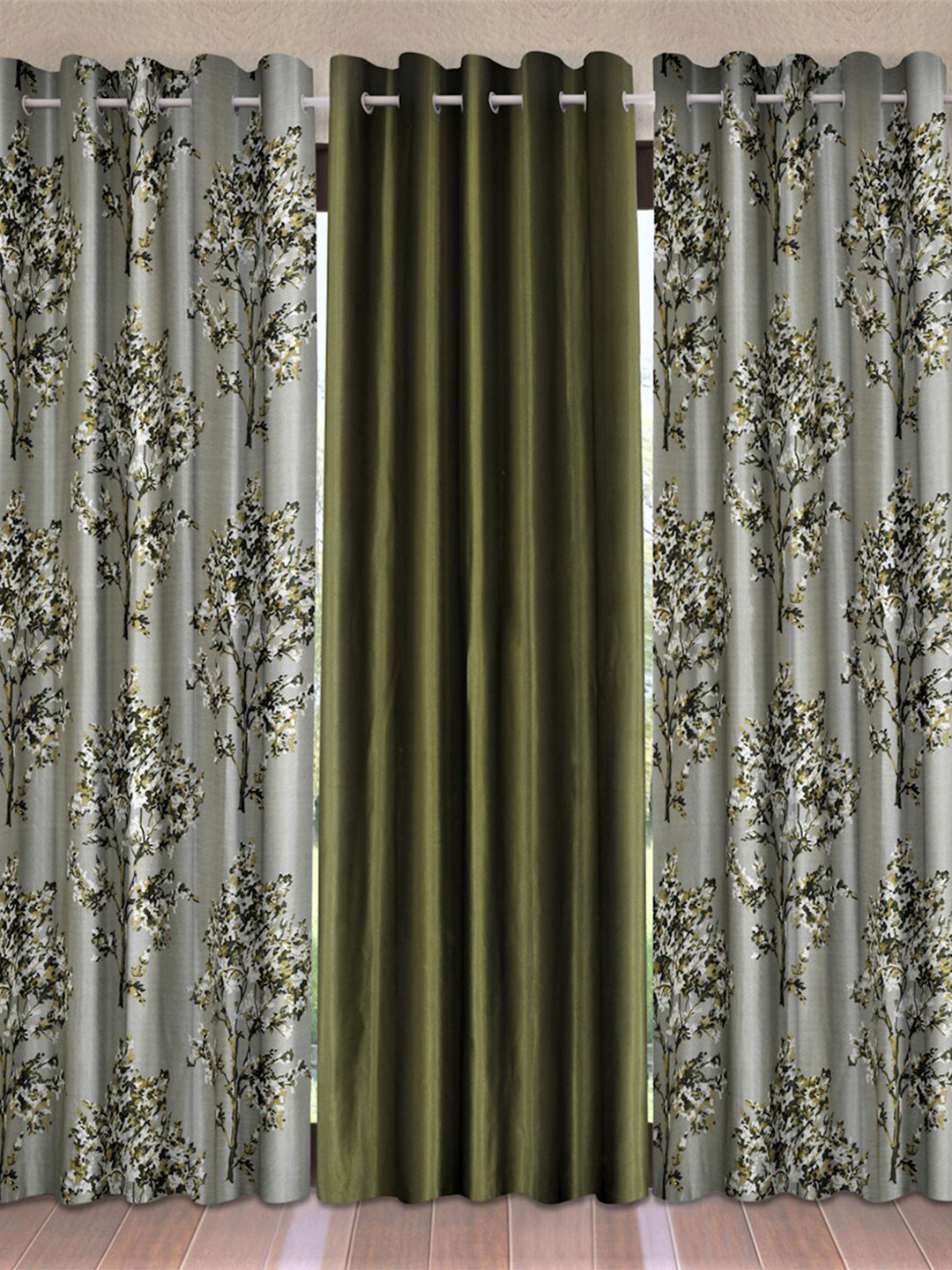 Fashion String Green & Grey Set of 3 Floral Door Curtain