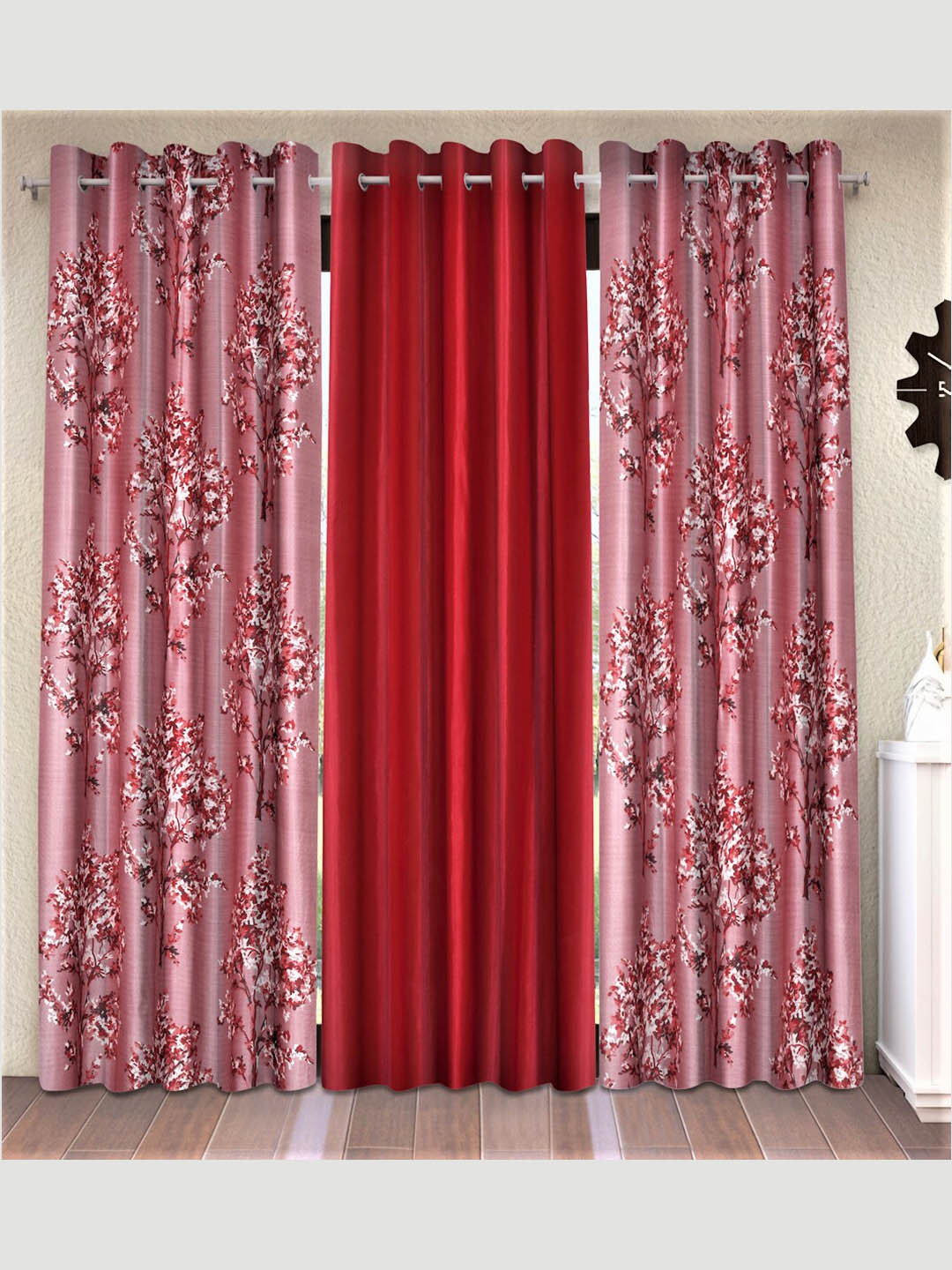 Fashion String Maroon & Off White Set of 3 Floral Window Curtain