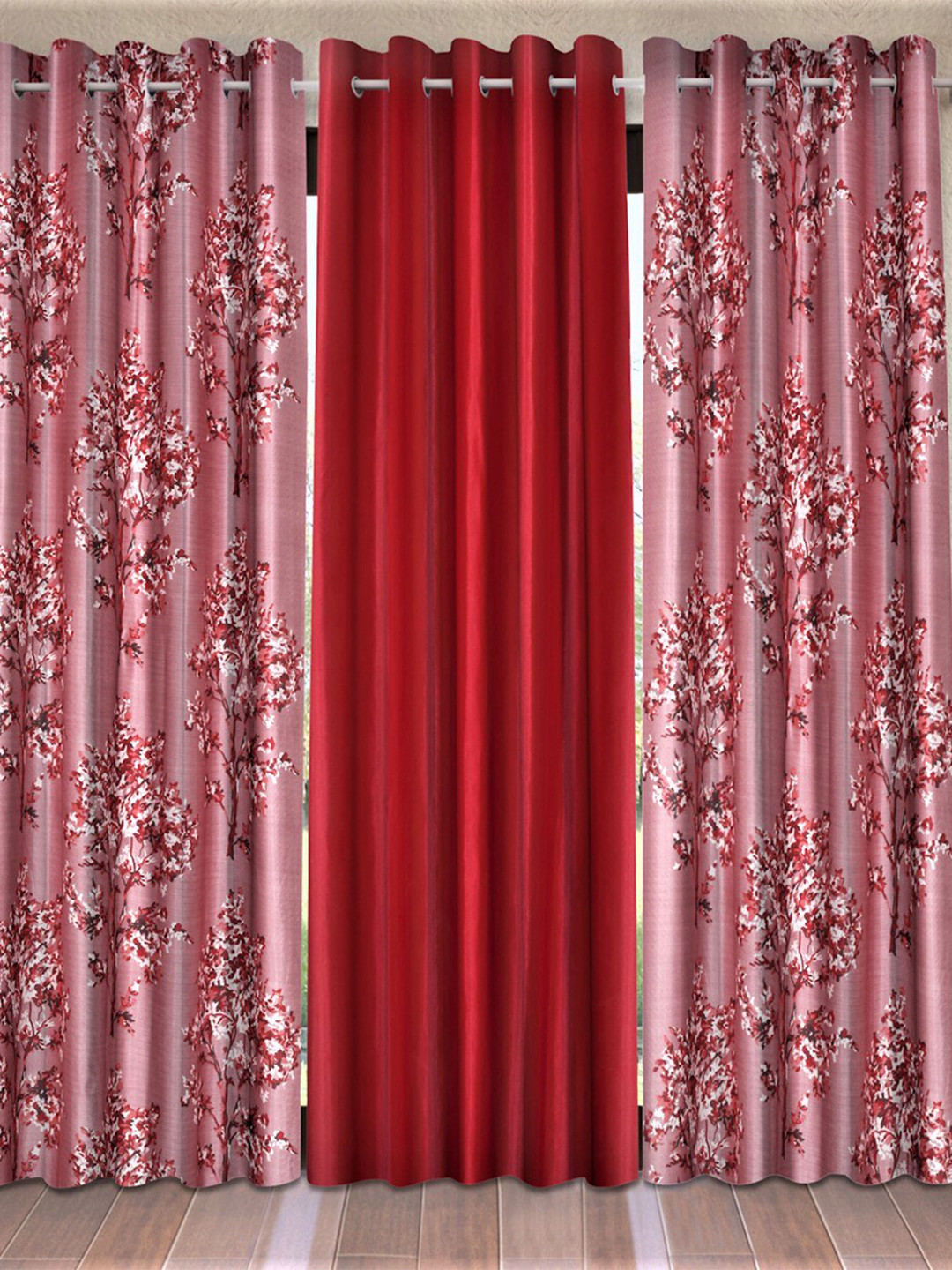 Fashion String Maroon & Pink Set of 3 Floral Door Curtain