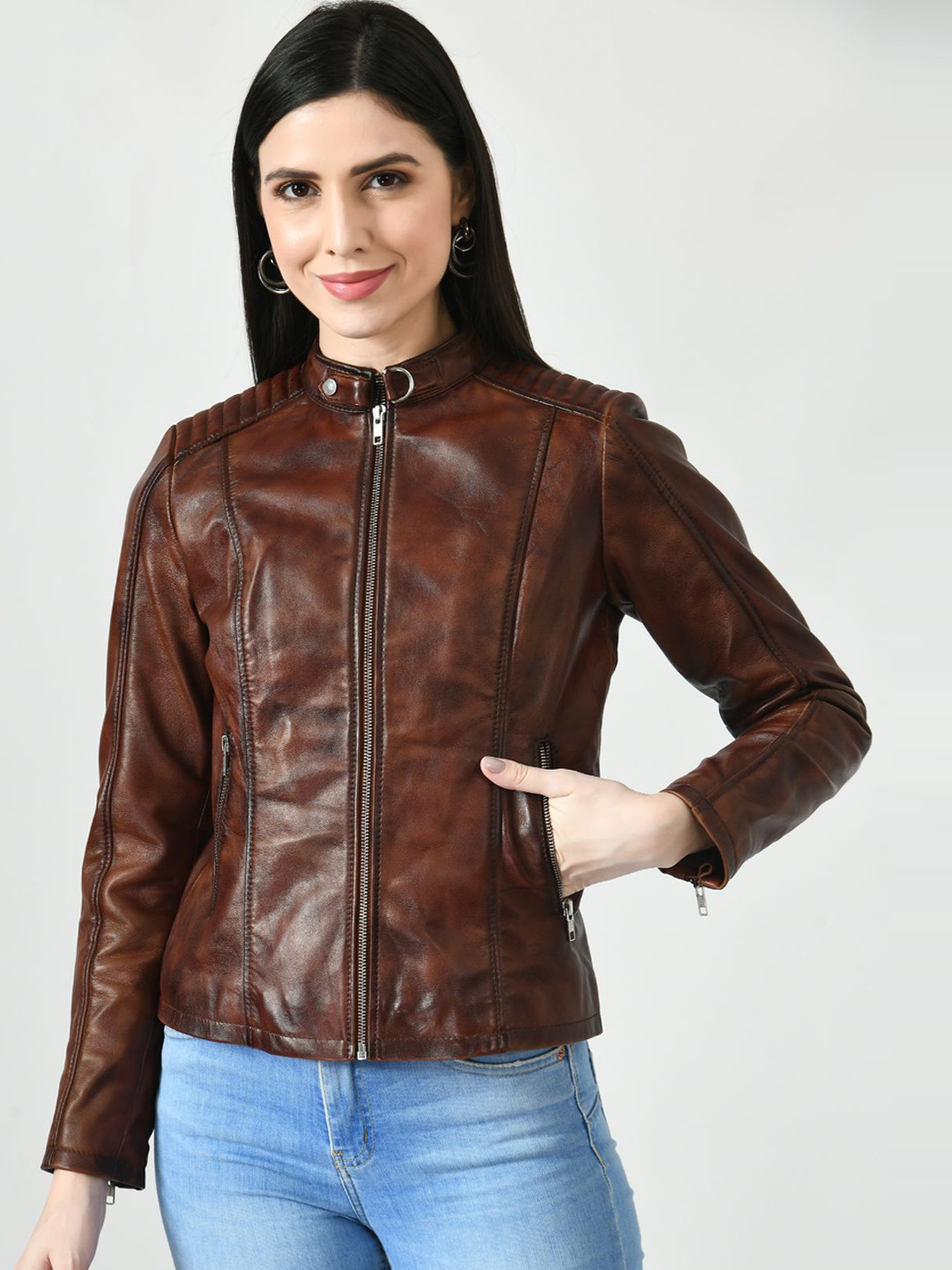 TBOJ Women Tan Leather Lightweight Outdoor Biker Jacket