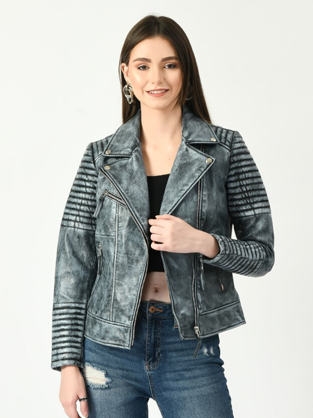 TBOJ Women Blue Lightweight Leather Jacket