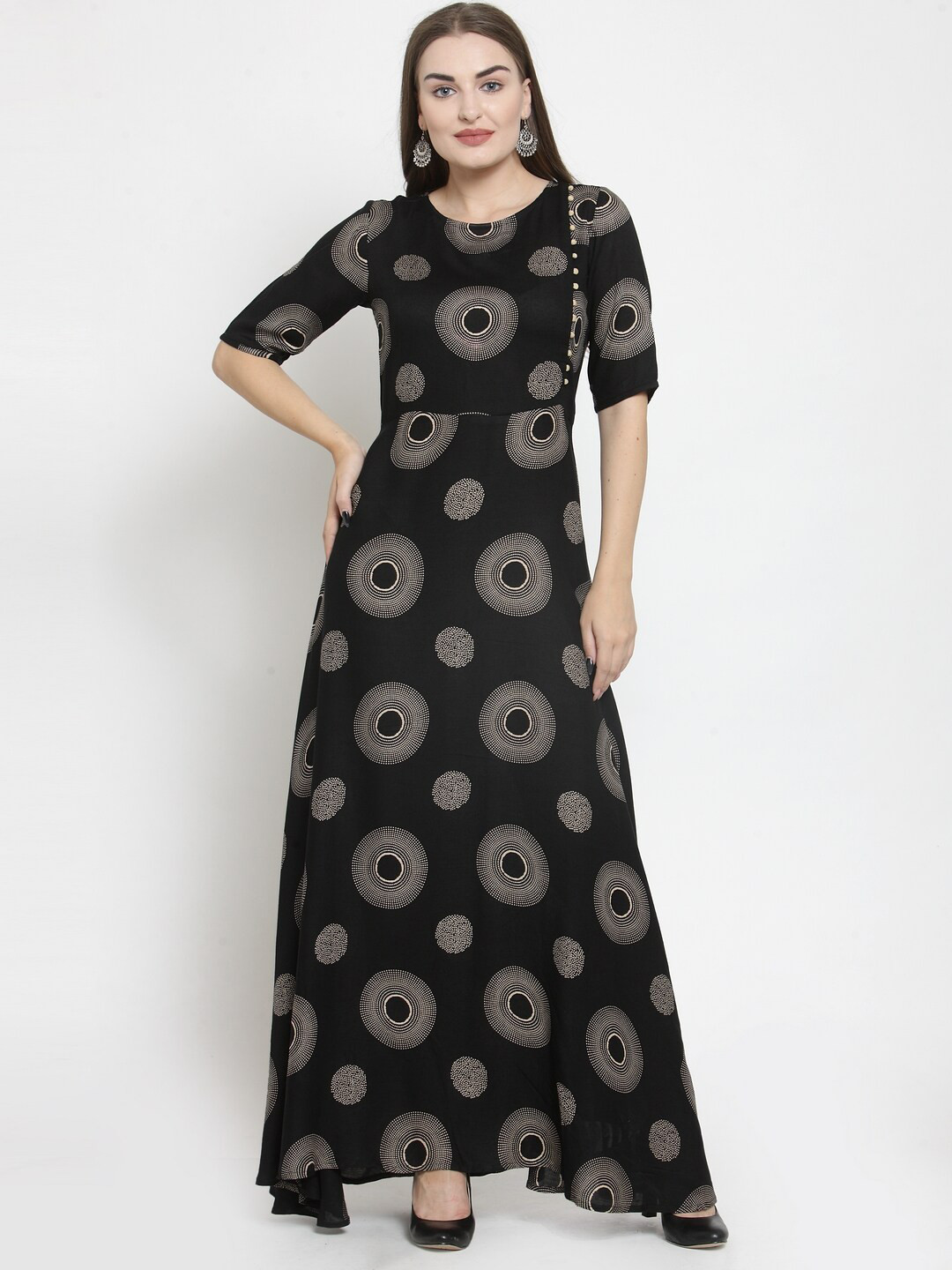 Purple State Women Black Boat Neck Printed Ethnic Maxi Dress