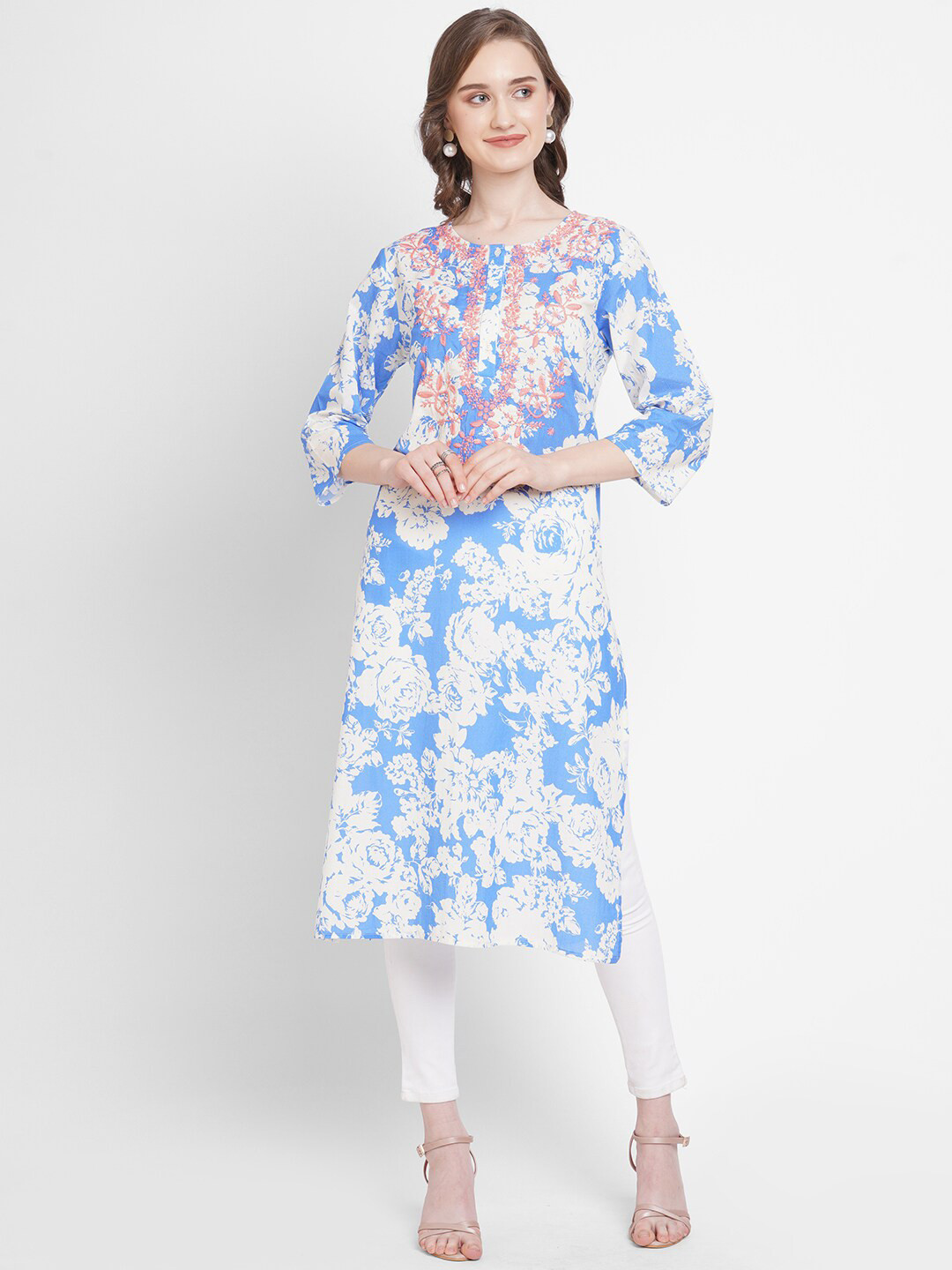 Cloth Haus India Women Blue & White Embriodered  Floral Printed Kurta