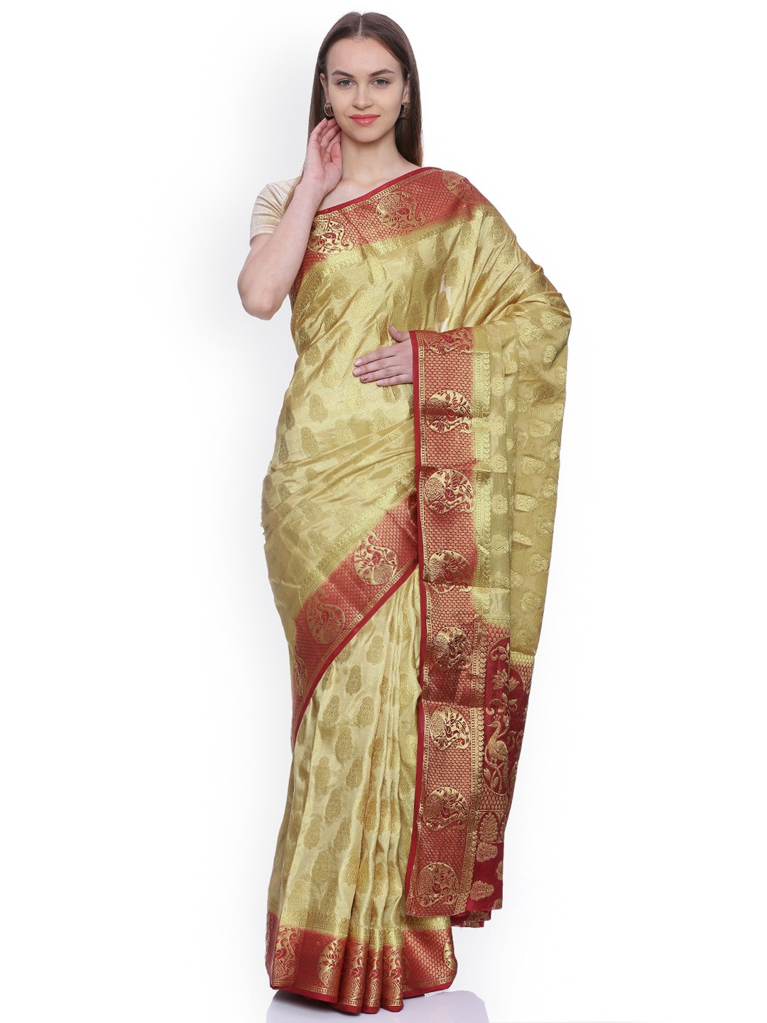 MIMOSA Cream-Coloured Art Silk Woven Design Kanjeevaram Saree