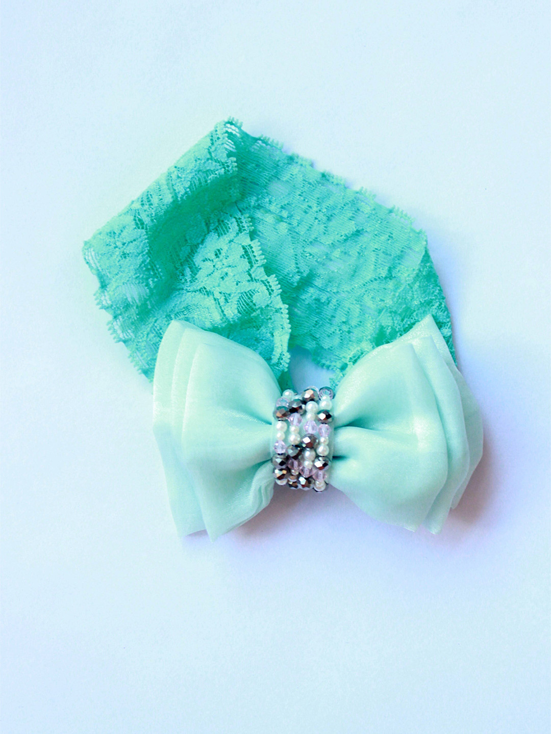 Choko Girls Blue  Adjustable Lace Bow Hair Band with Pearls and Silver Crystals Hairband