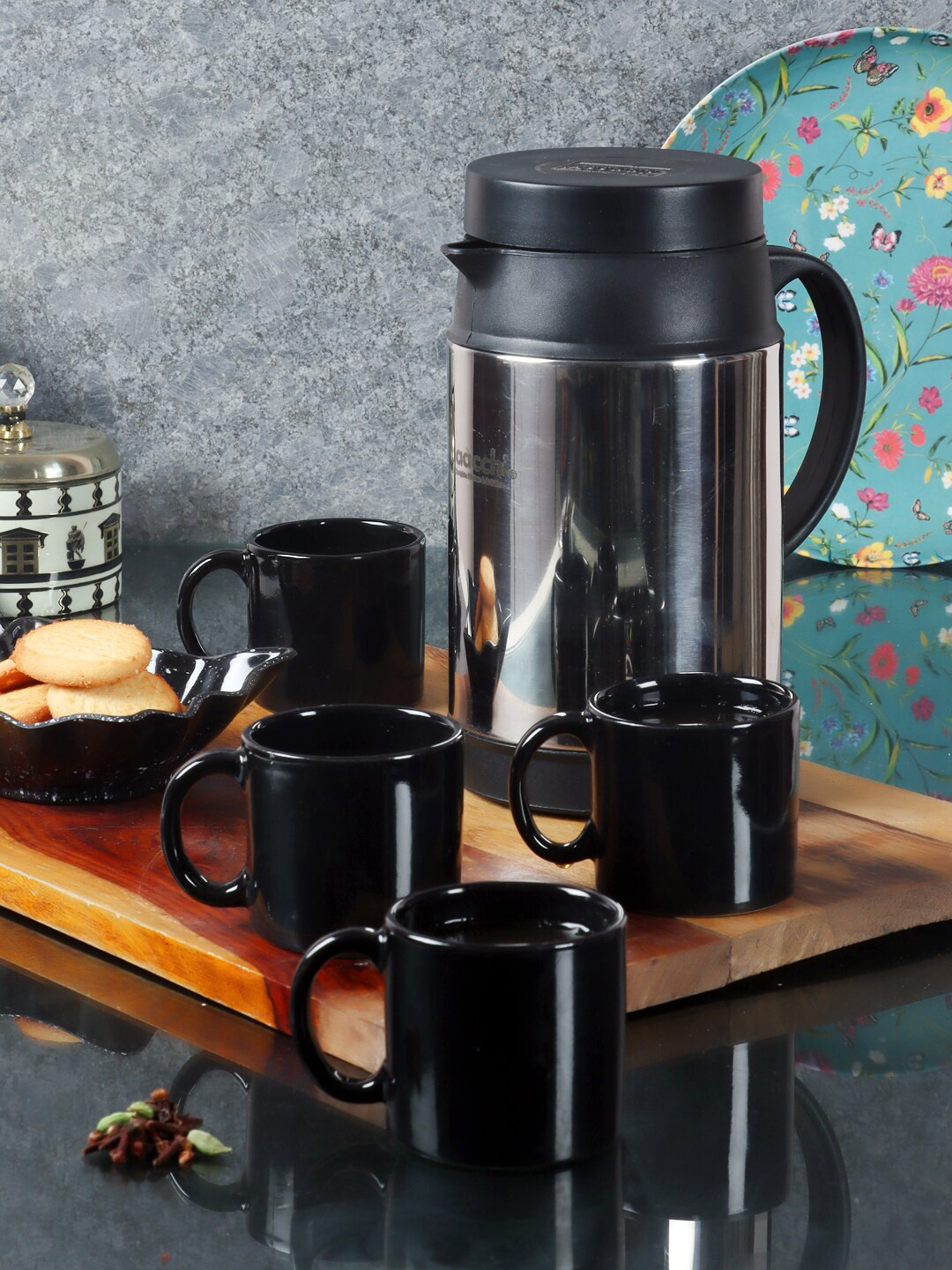 CDI  Black Solid Set of 6 Dishwasher and Microwave Safe Ceramic Glossy Cups with Kettle