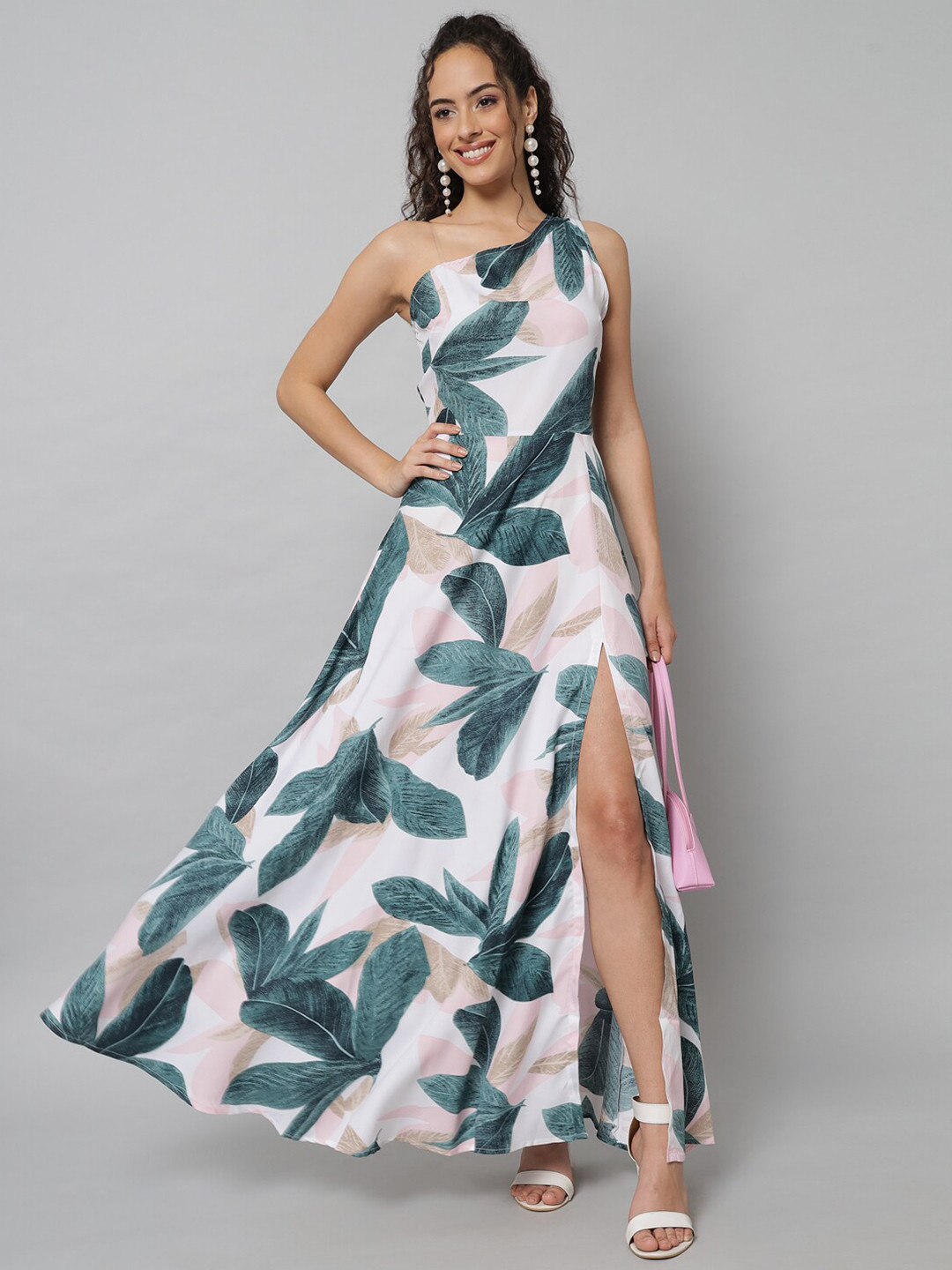 Emeros Women White Tropical Printed One Shoulder Maxi Dress